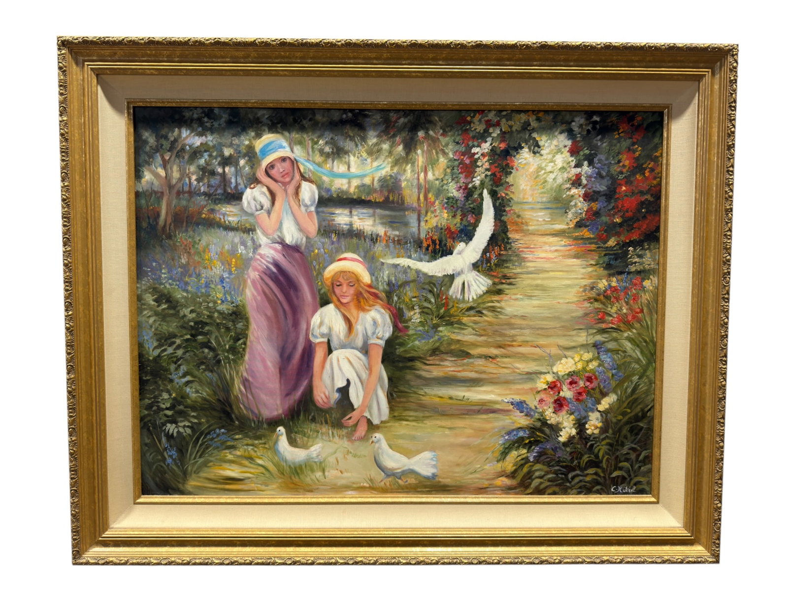 Signed Charlene Mitchell "Arbor Path at Giverny" Original Oil on Canvas: Original oil on canvas painting titled Arbor Path at Giverny by artist Charlene Mitchell, completed in 2000, depicting a romantic Impressionist-inspired garden scene with two young women along a sunli