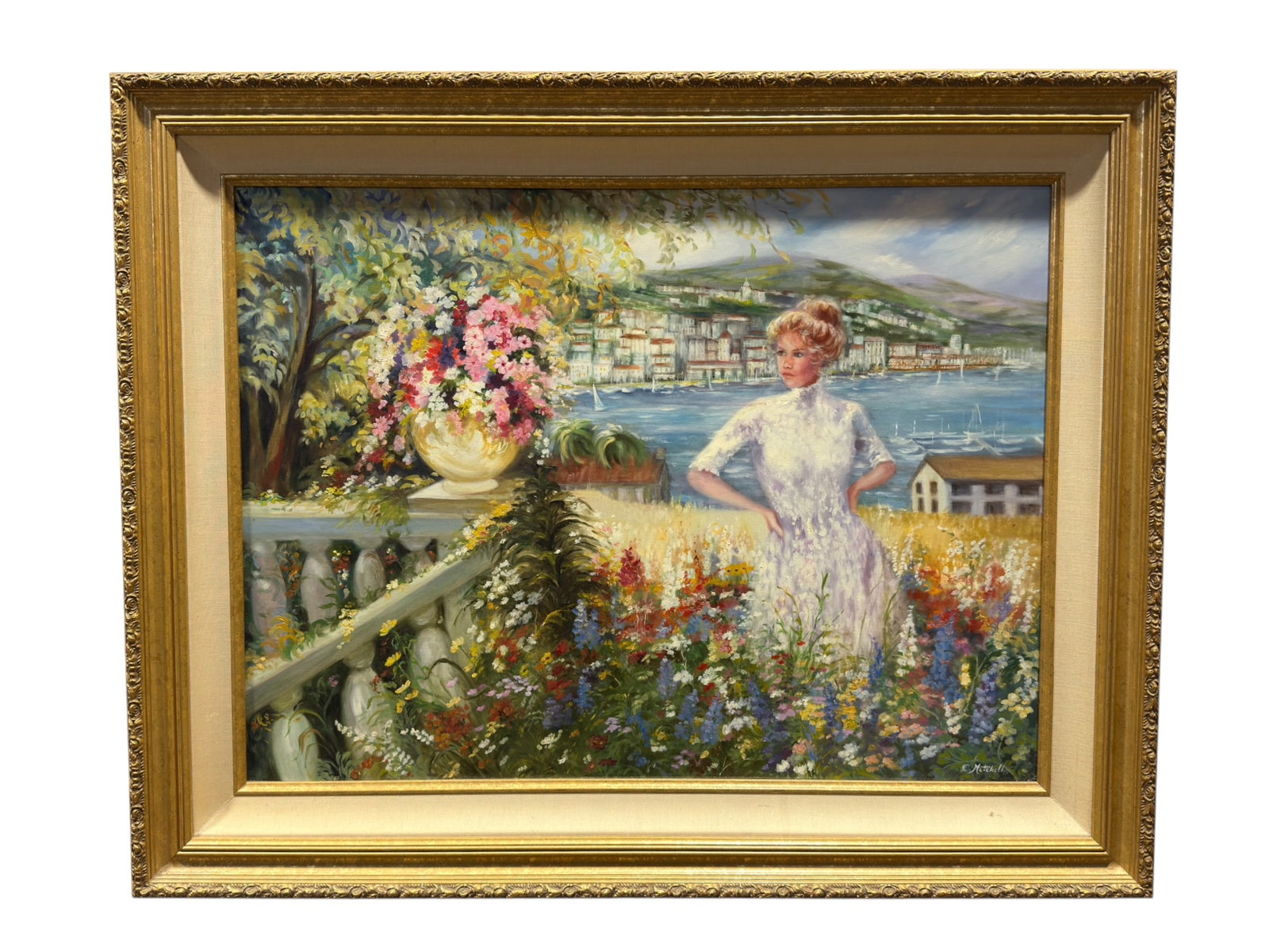 Signed Charlene Mitchell "Riviera View" Original Oil on Canvas Painting: Original oil on canvas painting titled Riviera View by artist Charlene Mitchell, completed in 2000, depicting a romantic Impressionist-style coastal garden scene overlooking a harbor town along the Me