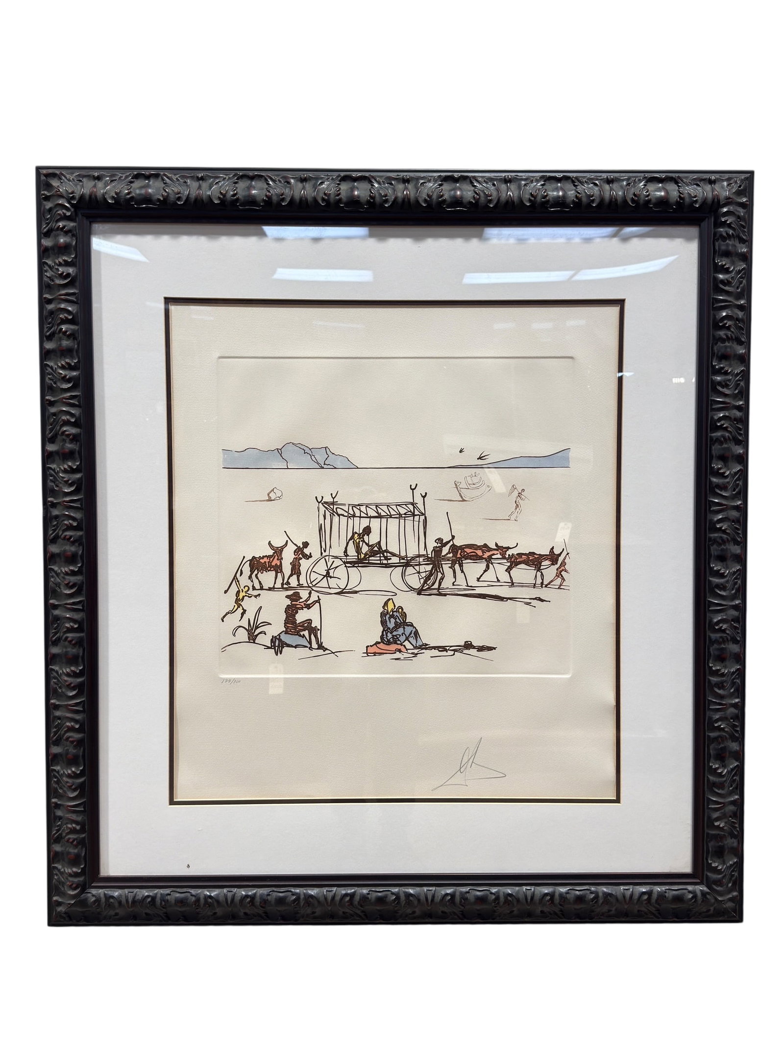 1974 Salvador Dalí "Judgment" Limited Edition Etching, Pencil Signed: Framed limited edition etching titled “Judgment” by Salvador Dalí (1904–1989), created in 1974, depicting a stylized surreal narrative scene rendered in Dalí’s distinctive minimal linear