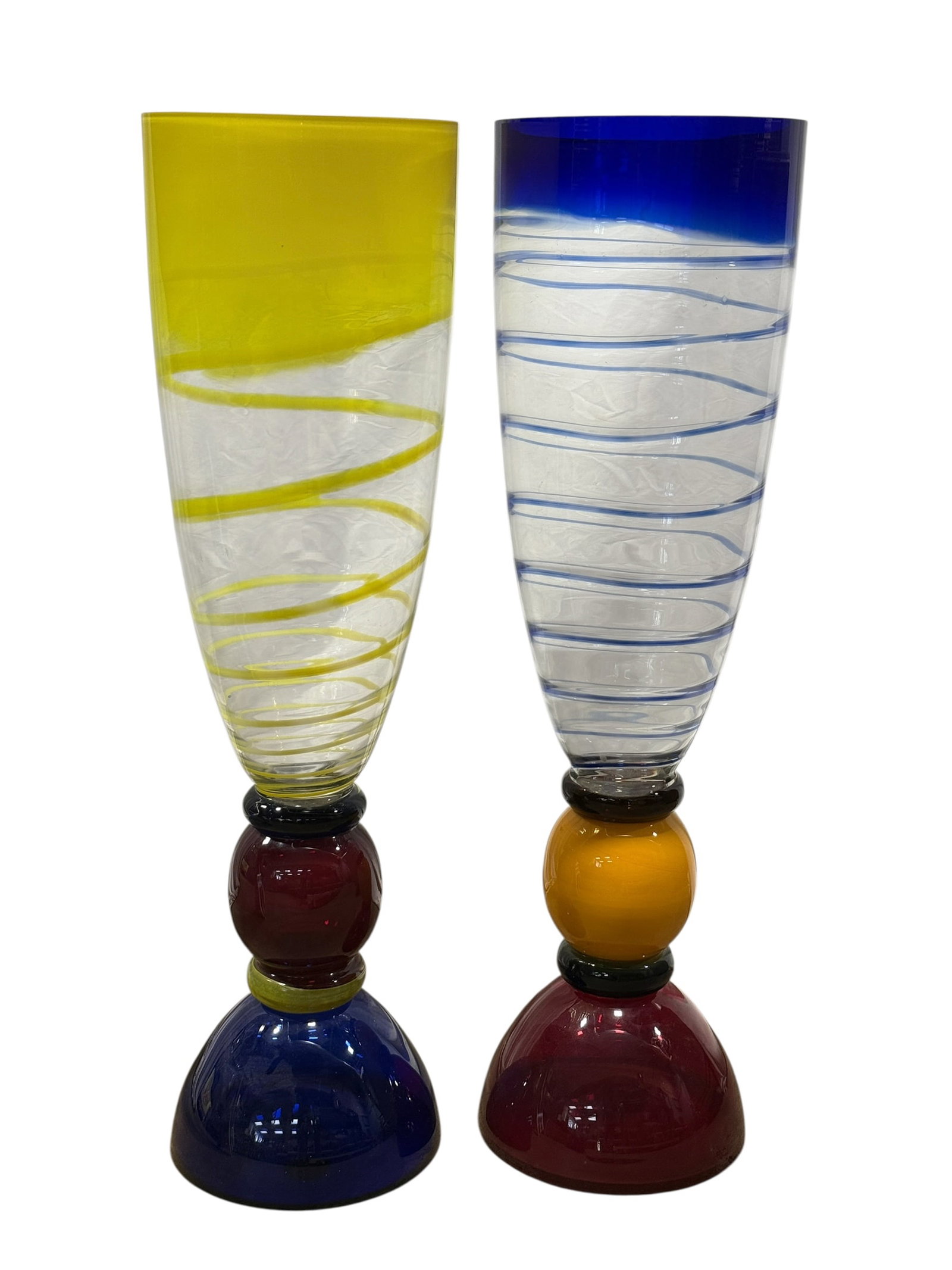 (2) Tall Polish Art Glass Floor Vases in the Style of Krosno Jozefina: A striking pair of oversized late 20th-century Polish art glass floor vases in the style of Krosno Jozefina, each featuring a dramatic tapered form with hand-applied spiral threading within the clear