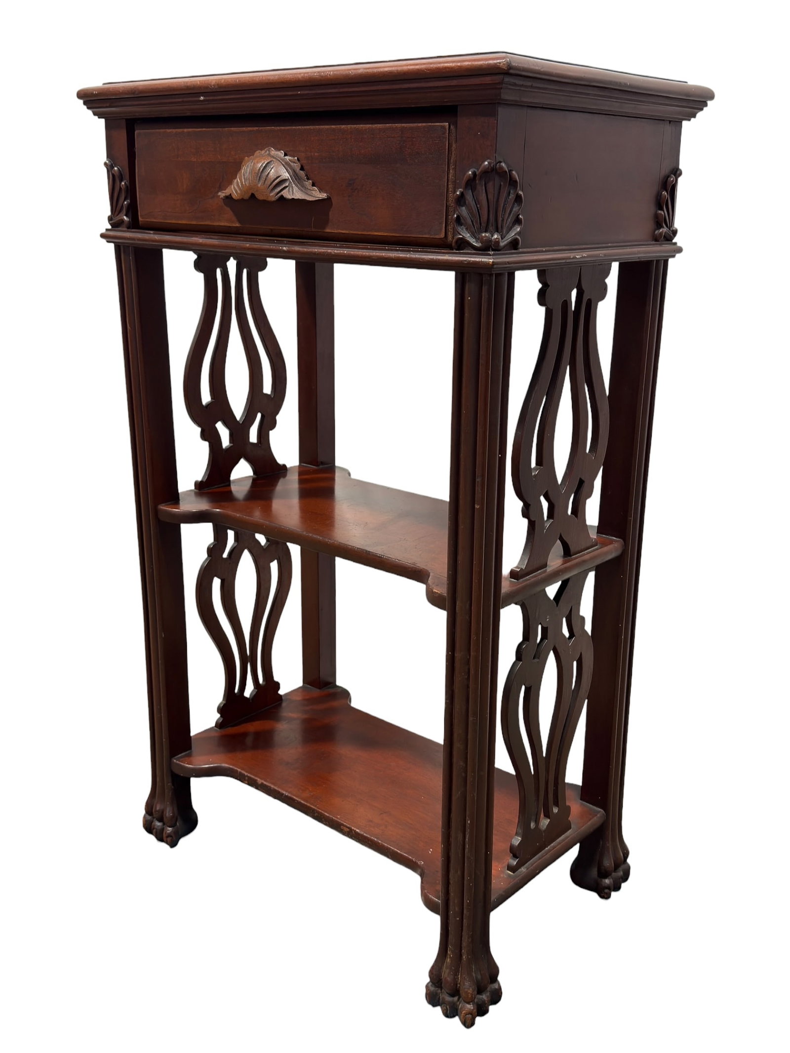Vintage Mahogany Two-Tier Stand w/ Drawer and Carved Motifs (1 of 9)