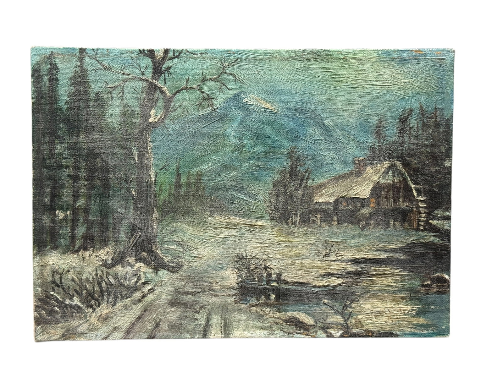 1926 Winter Landscape with Cabin Oil on Canvas (Unframed): Atmospheric 1926 oil on canvas winter landscape painting depicting a quiet rural scene with a snow-covered road winding through a wooded valley toward a rustic cabin with softly glowing windows, set a