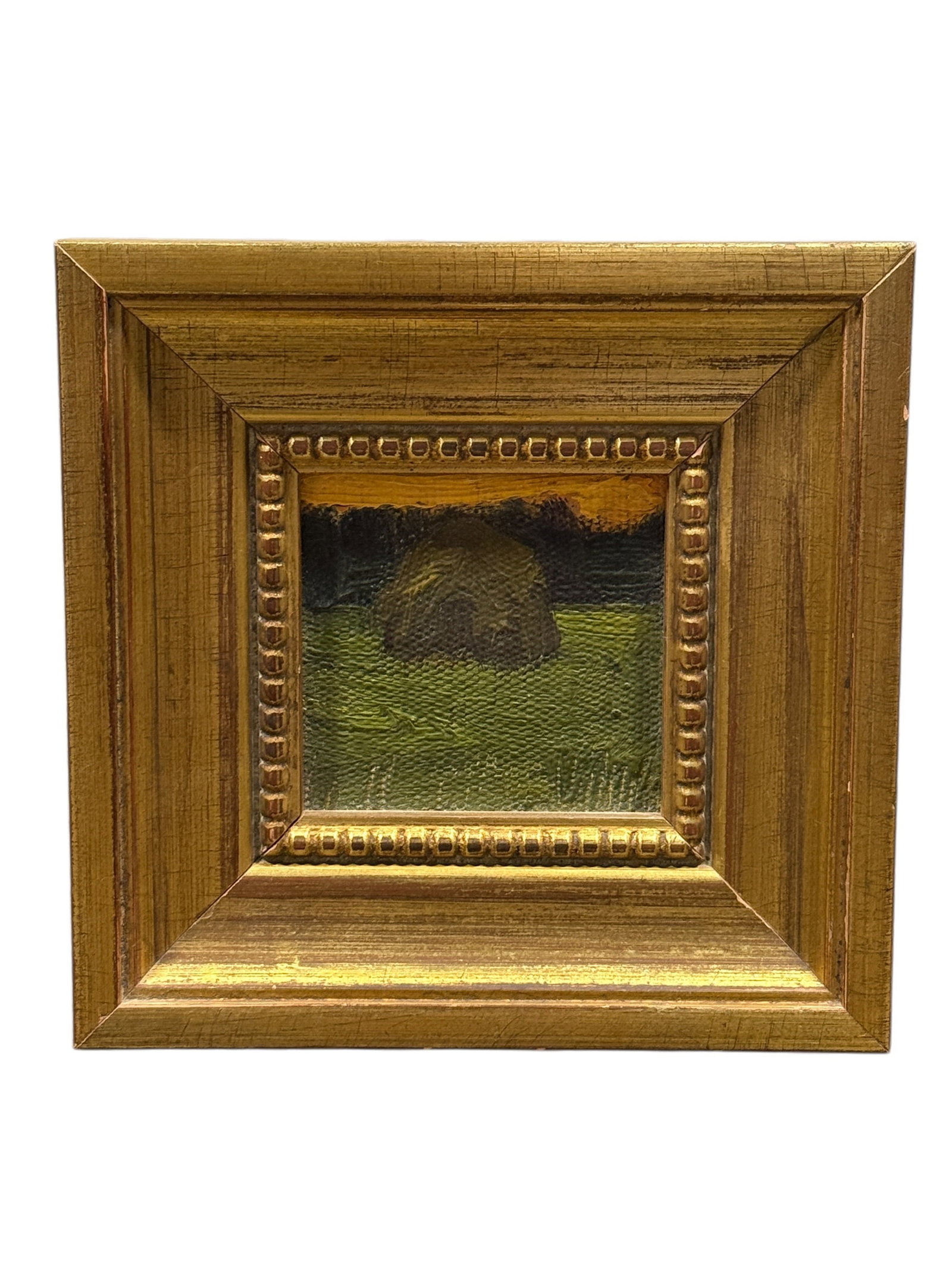 Miniature Landscape Oil on Board by Tulupov N.I., Haystack Scene: Charming miniature oil on board landscape painting by Tulupov, N.I., depicting a pastoral haystack resting in a green field beneath a warm sunset sky with dark treeline in the distance, executed with