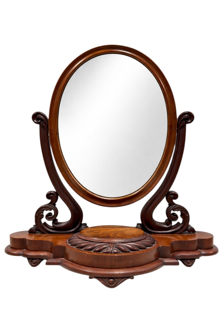 Late 19th C. Victorian Carved Wood Shaving Mirror w/ Compartment (1 of 12)