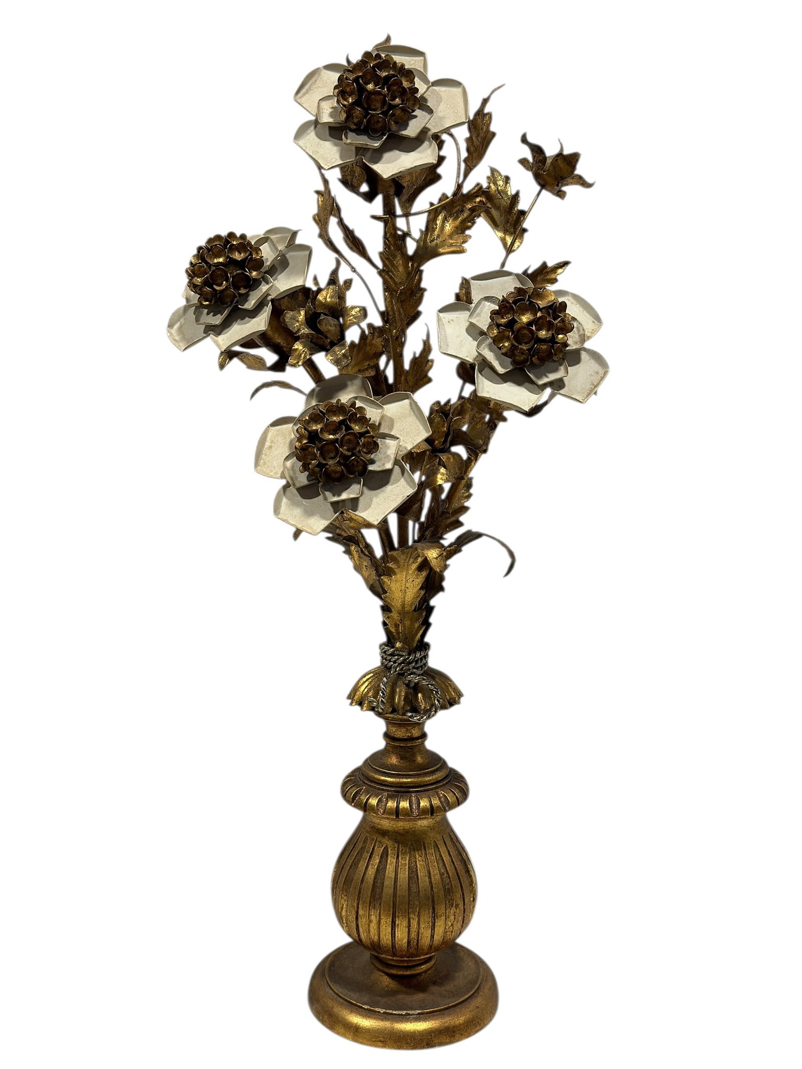 Mid C. Italian Hollywood Regency Gold Gilt Floral Table Lamp: Striking mid-20th century Italian Hollywood Regency table lamp crafted in gilt tole metal with a carved giltwood base, designed as a lush bouquet of stylized flowers rising from a classical urn-form p