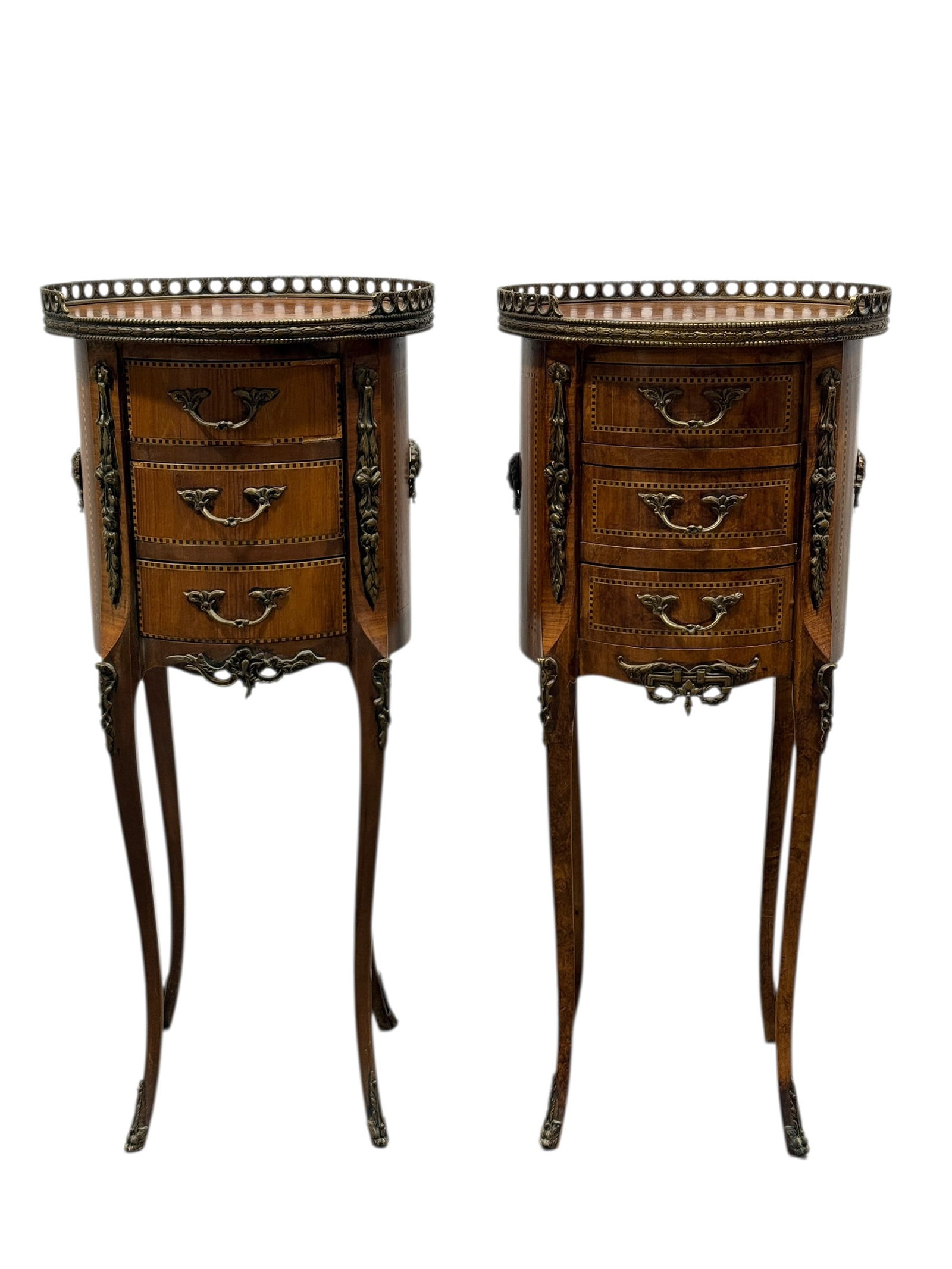 Pair of French Louis XV Style Inlaid Round Nightstands w/ Gallery (1 of 11)