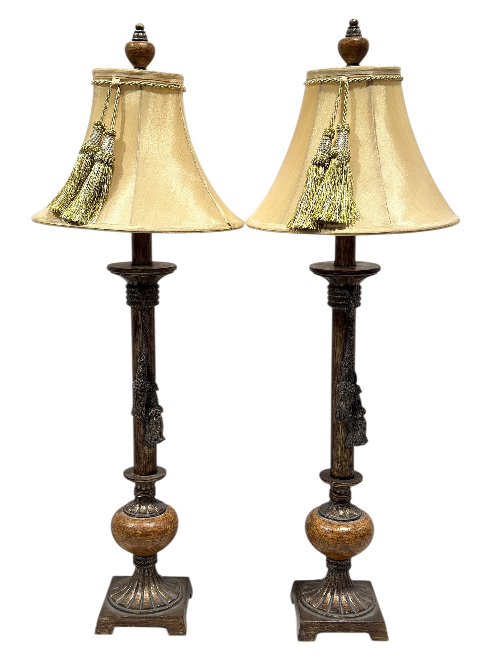 Pair of Decorative Faux Painted Composite Table Lamps w/ Tassel Shades (1 of 6)