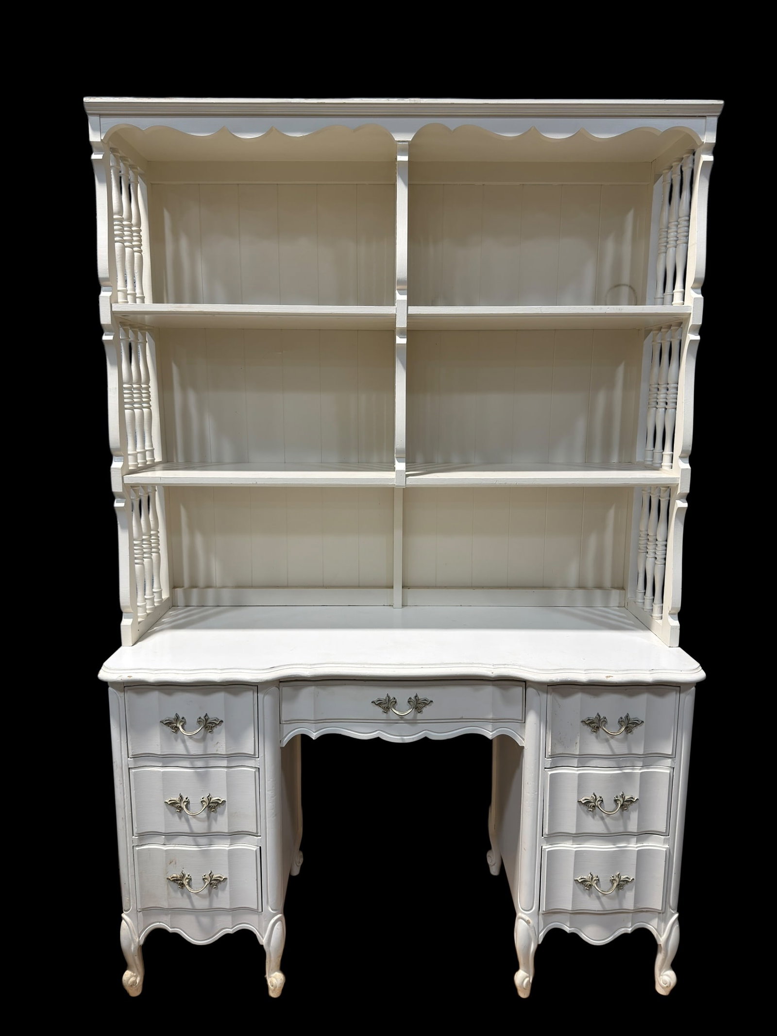 Dixie French Provincial Desk with Shelf Top: Dixie Furniture French Provincial style desk with original matching shelf top, featuring a scalloped cornice, turned spindle side supports, and three open display shelves above a serpentine-front writ