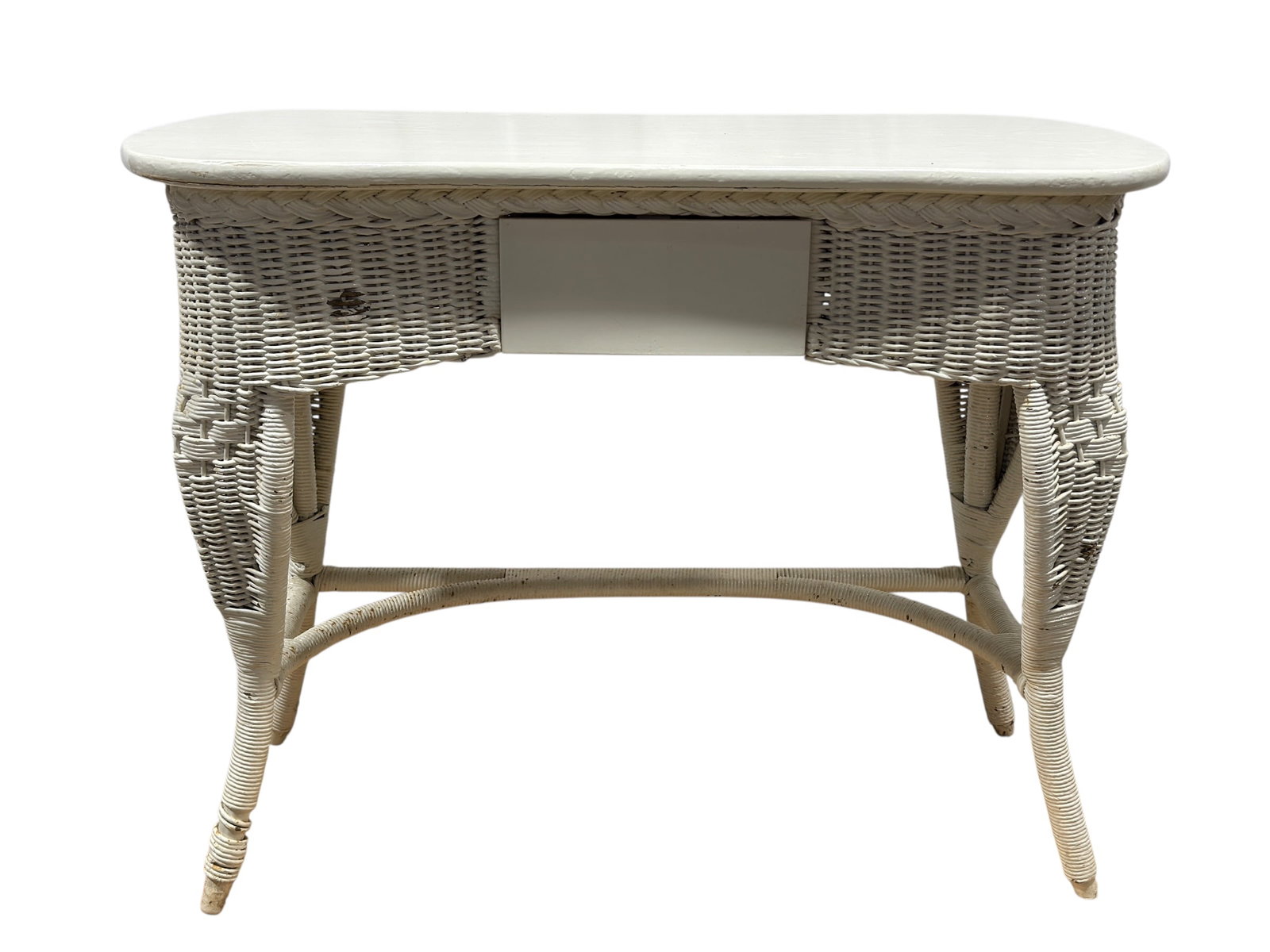 Vintage White Painted Wicker Vanity Desk w/ Chair: White painted wicker vanity desk with matching chair, featuring a gracefully shaped kidney-form top above a single centered drawer with painted wood front and open interior, the desk body woven in tig