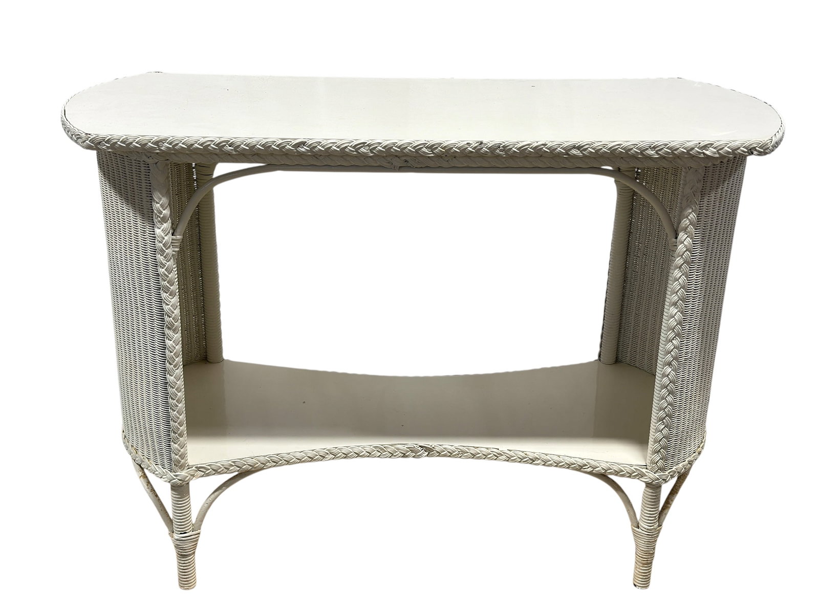 Vintage White Painted Wicker Console w/ Braided Trim (1 of 9)