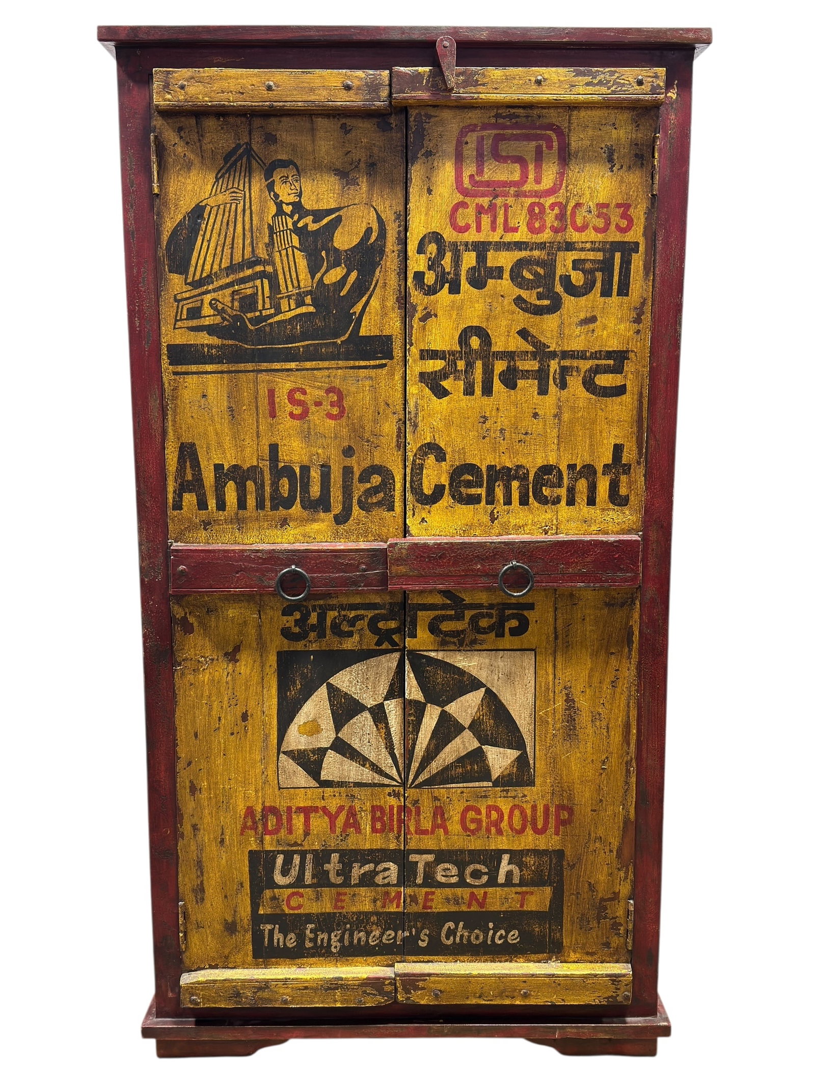 Indian Painted Advertising Cabinet: Indian Painted Reproduction Advertising Cabinet in the style of traditional Indian storage furniture and constructed using reproduction panels inspired by cement crates. The exterior is boldly decorat