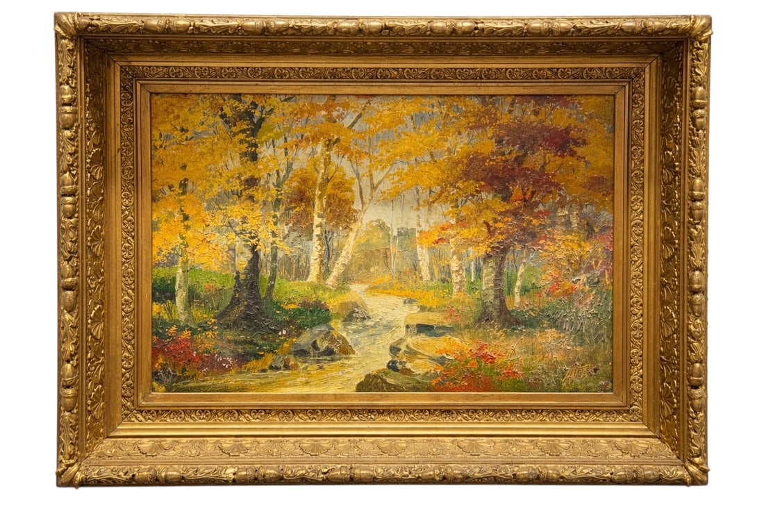 Signed 19th C. Impressionist Style Autumn Landscape Oil on Board (1 of 9)