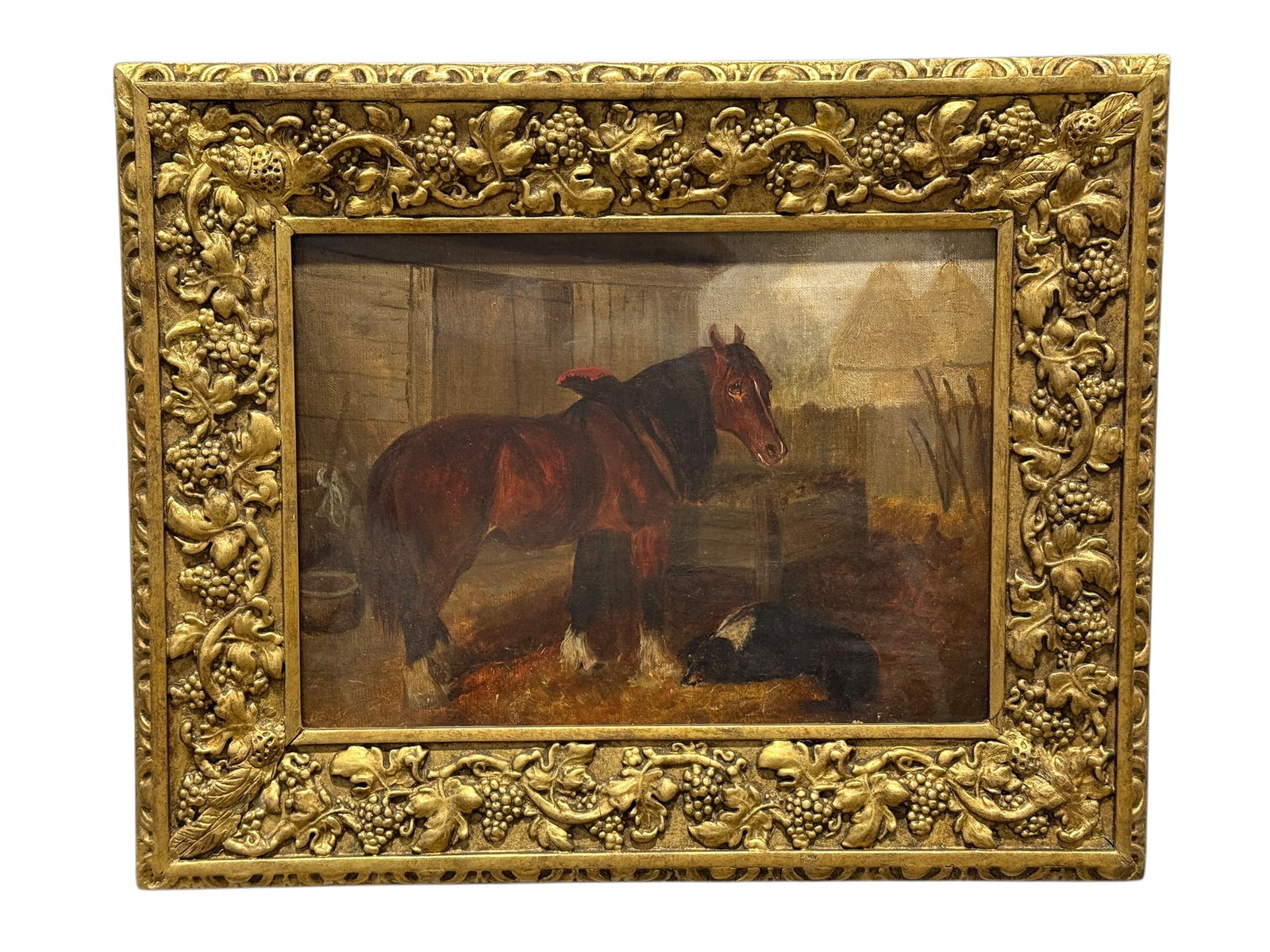 19th C. Oil on Canvas Farm Scene w/ Horse and Dog: A charming 19th century oil on canvas depicting a rustic farmyard scene centered on a standing chestnut horse with white fetlocks, accompanied by a resting black and white farm dog in the foreground,