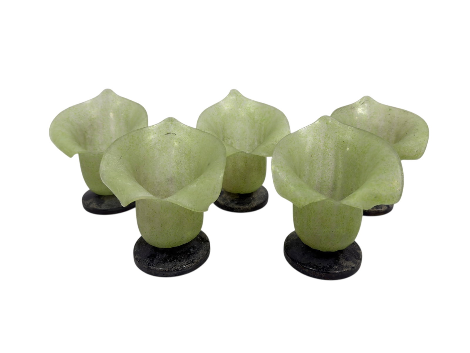 (5) MCM Italian Scavo Glass Lily Form Vases by Sarreid Ltd., Model 8465: A striking set of five mid-century modern Italian art glass vases by Sarreid Ltd., model 8465, each formed in an elegant lily or calla blossom shape with softly flared organic rims and executed in pal