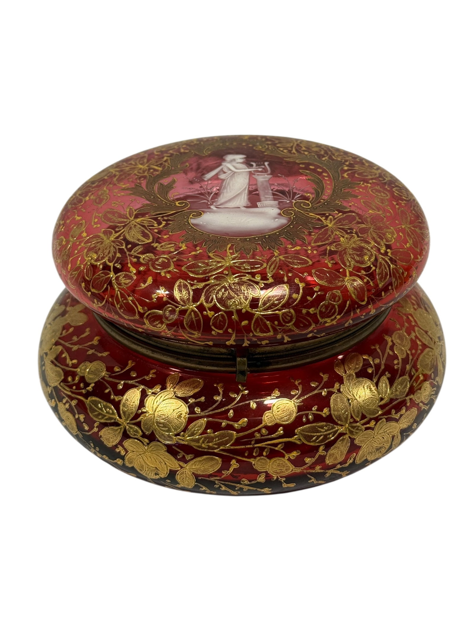 Late 19th C. Moser Mary Gregory Cranberry Glass Gilt & Enamel Powder Box (1 of 8)