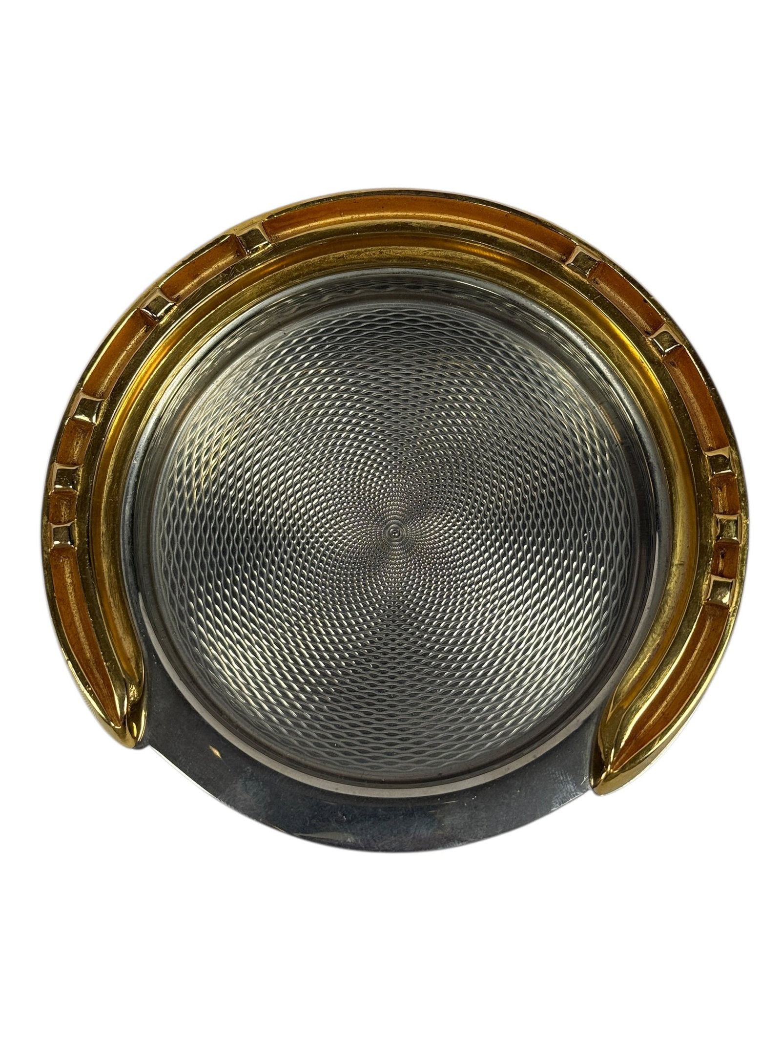 RARE Circa 1950 Hermès Paris Equestrian Horseshoe Wine Coaster: Elegant mid-20th century French wine coaster by Hermès Paris, designed in a distinctive equestrian horseshoe motif, the circular form featuring a richly gilt horseshoe-form gallery with stylized nail