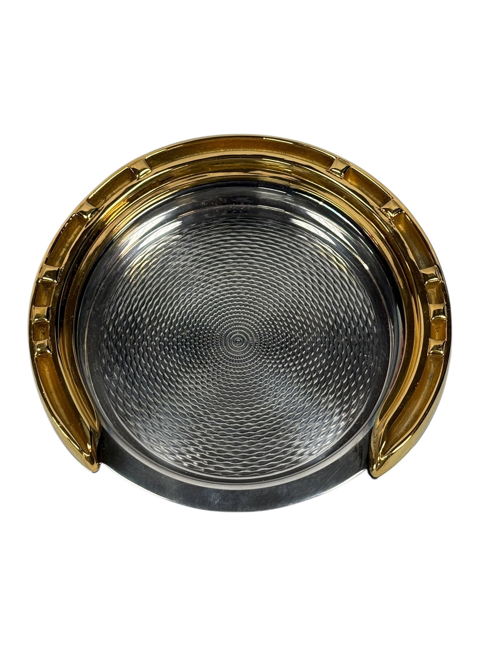 RARE Circa 1950 Hermès Paris Equestrian Horseshoe Wine Coaster: Elegant mid-20th century French wine coaster by Hermès Paris, designed in a distinctive equestrian horseshoe motif, the circular form featuring a richly gilt horseshoe-form gallery with stylized nail