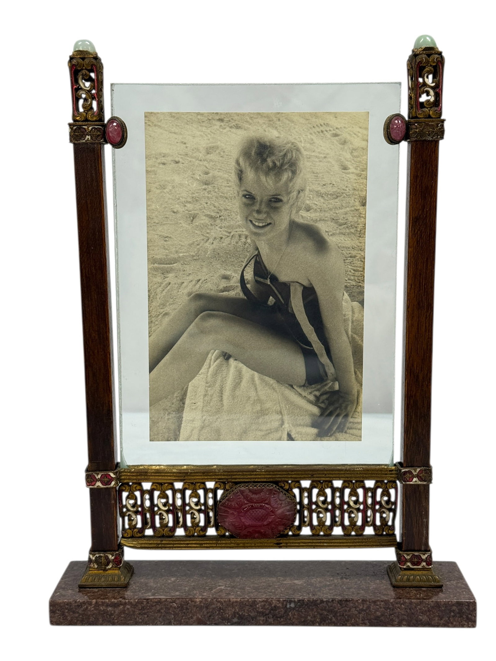 Austrian Art Deco Jeweled Bronze & Marble Double Glass Picture Frame (1 of 10)