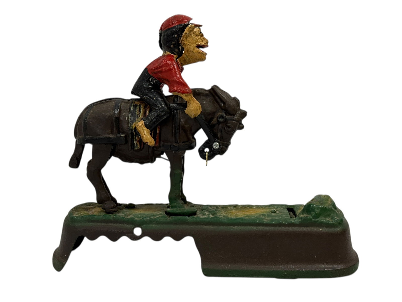 Mid-20th C. Always Did 'Spise a Mule' Cast Iron Mechanical Bank: A mid-20th century cast iron mechanical bank modeled after the classic “Always Did ’Spise a Mule” design, featuring a humorous figural group of a rider in a red shirt and cap seated atop a m