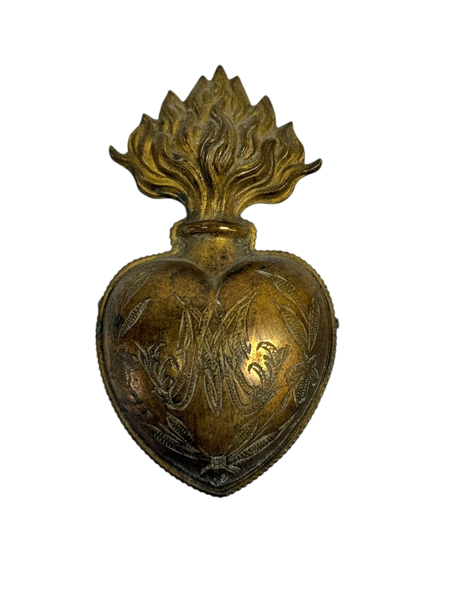 RARE 19th C. French Sacred Heart Ex-Voto Reliquary Locket: A finely crafted 19th century French ex-voto reliquary locket in the form of a flaming Sacred Heart, executed in gilt brass with a richly modeled flame crest and a hinged heart-shaped body, the front