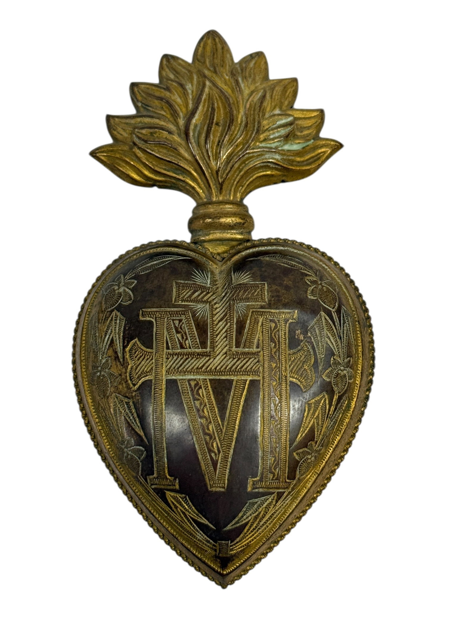 RARE 19th C. French Sacred Heart Ex-Voto Reliquary Locket w/ Marian Cross: A striking 19th century French Sacred Heart ex-voto reliquary locket, finely executed in gilt brass and formed as a heart surmounted by a bold flaming crown finial, the front richly engraved with a pr