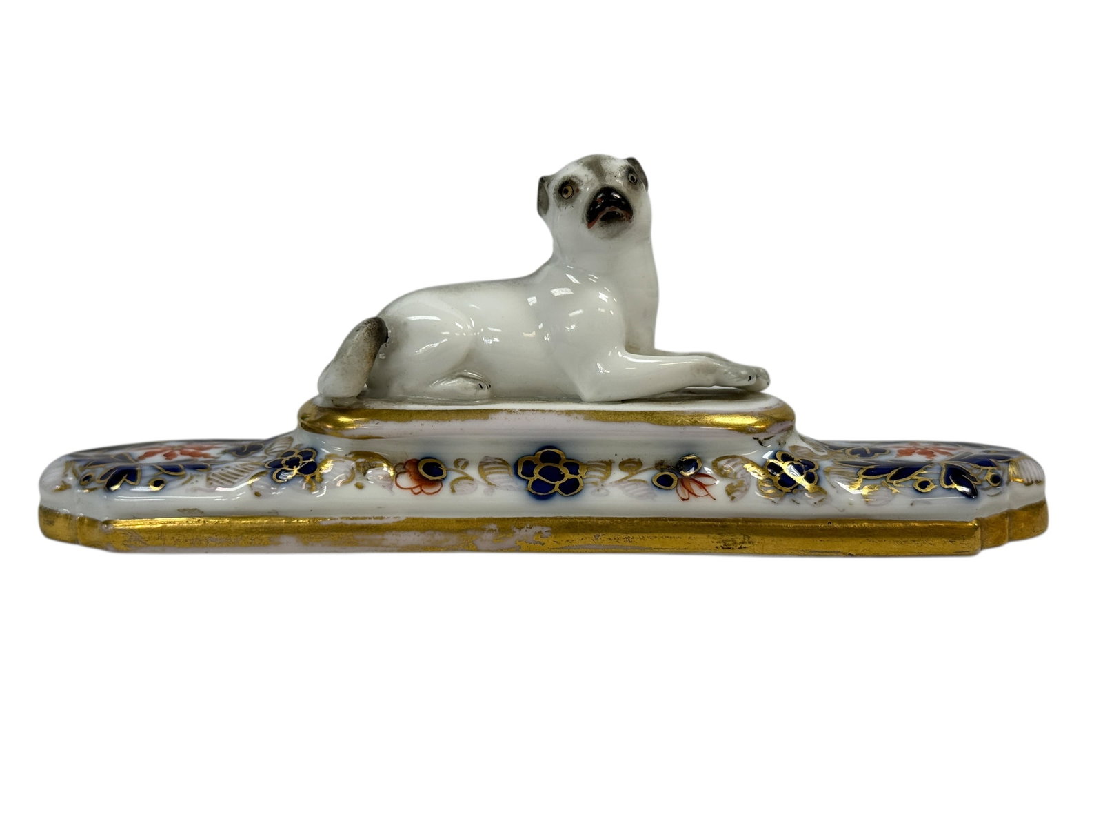 19th C. Meissen Style Porcelain Recumbent Pug Dog on Ornate Base (1 of 8)