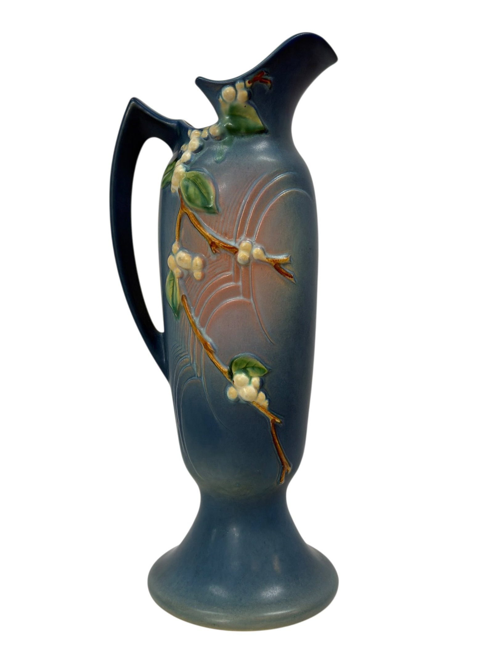 Signed Roseville "Snowberry" Art Pottery Tankard: A classic mid-20th century American art pottery tankard by Roseville, from the desirable “Snowberry” line introduced in the 1940s, executed in a tall, elegant form with a flared foot and sweep