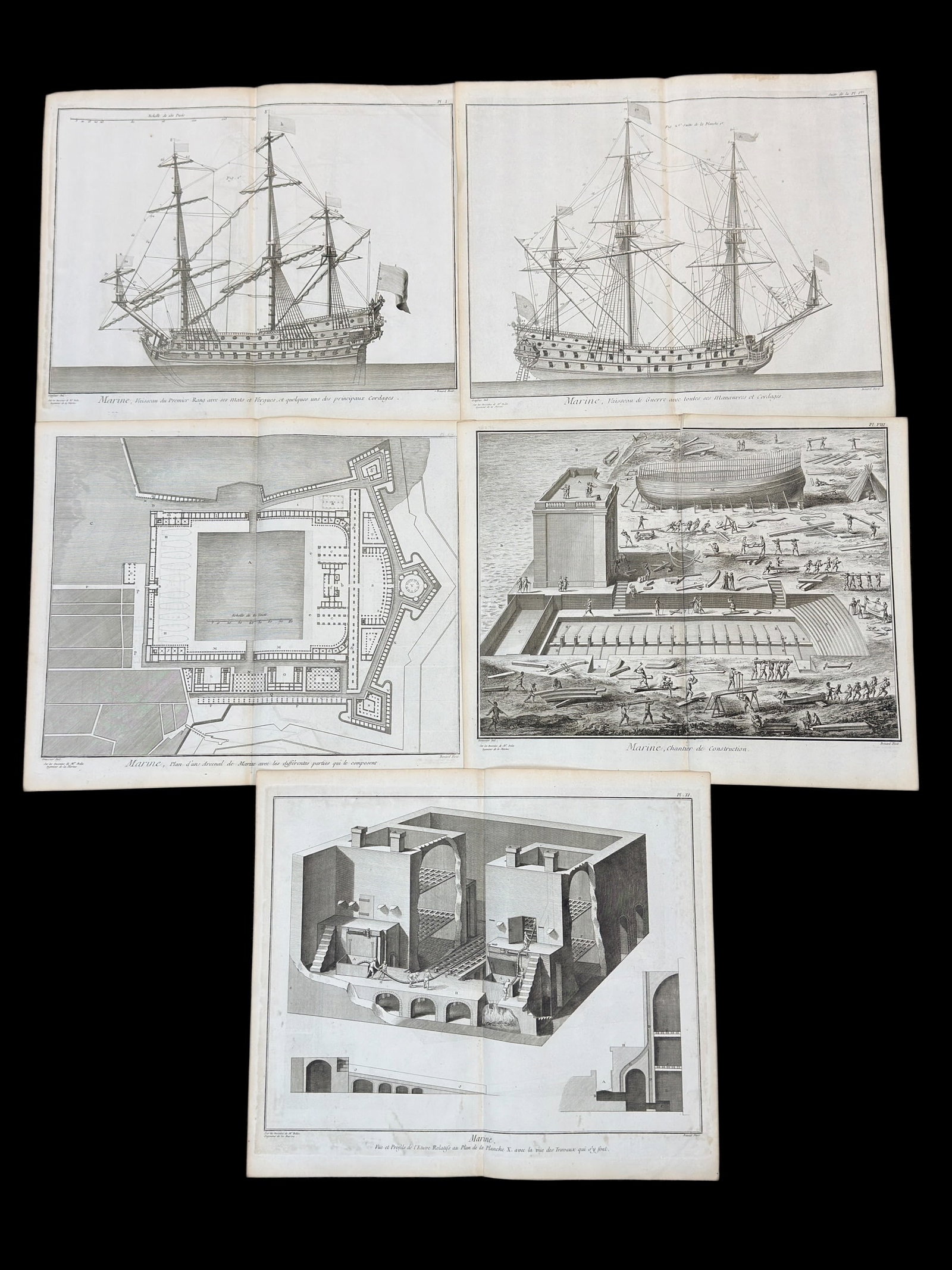 (5) 18th C. Jacques Renaud Benard “Marine?? Double-Page Folding Engraving Plates: A highly important and technically rich set of five original double-page folding copperplate engravings from the Encyclopédie Méthodique (Marine section), engraved by Jacques Renaud Benard (1731–1