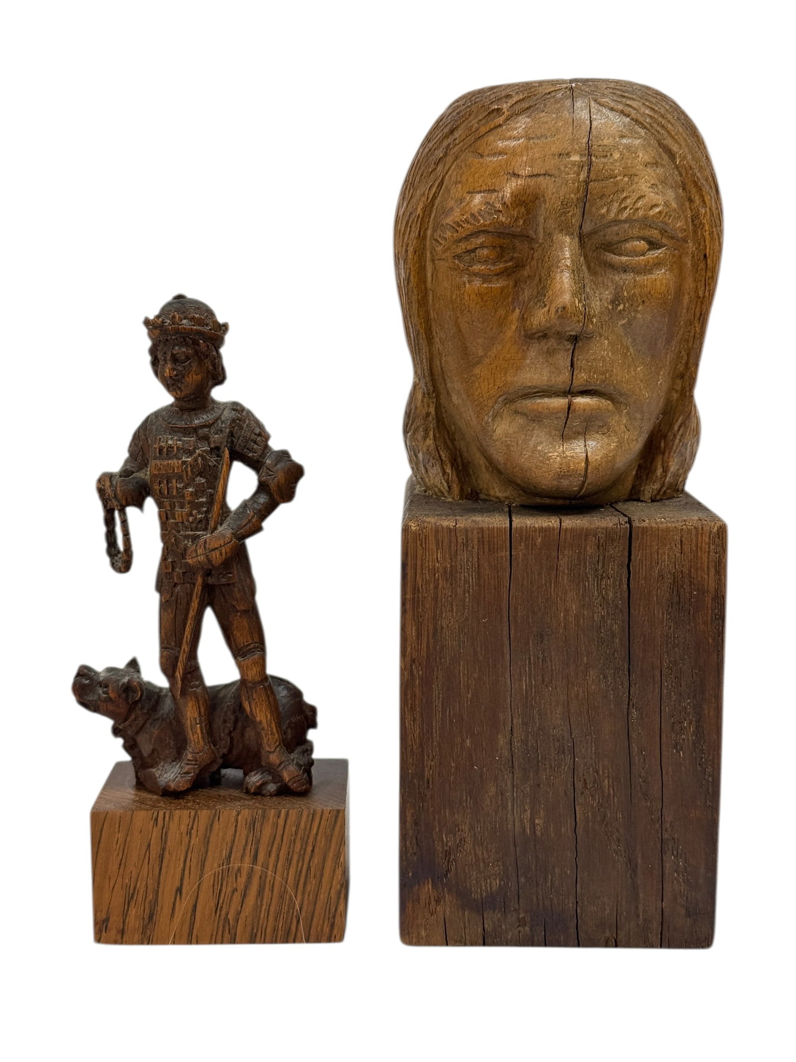 18th/19th Century Carved Wood Figure & Bust: A decorative grouping of two carved wooden works dating to the 18th/19th century, including a finely detailed small figural carving depicting a standing armored figure, likely a European knight or cou