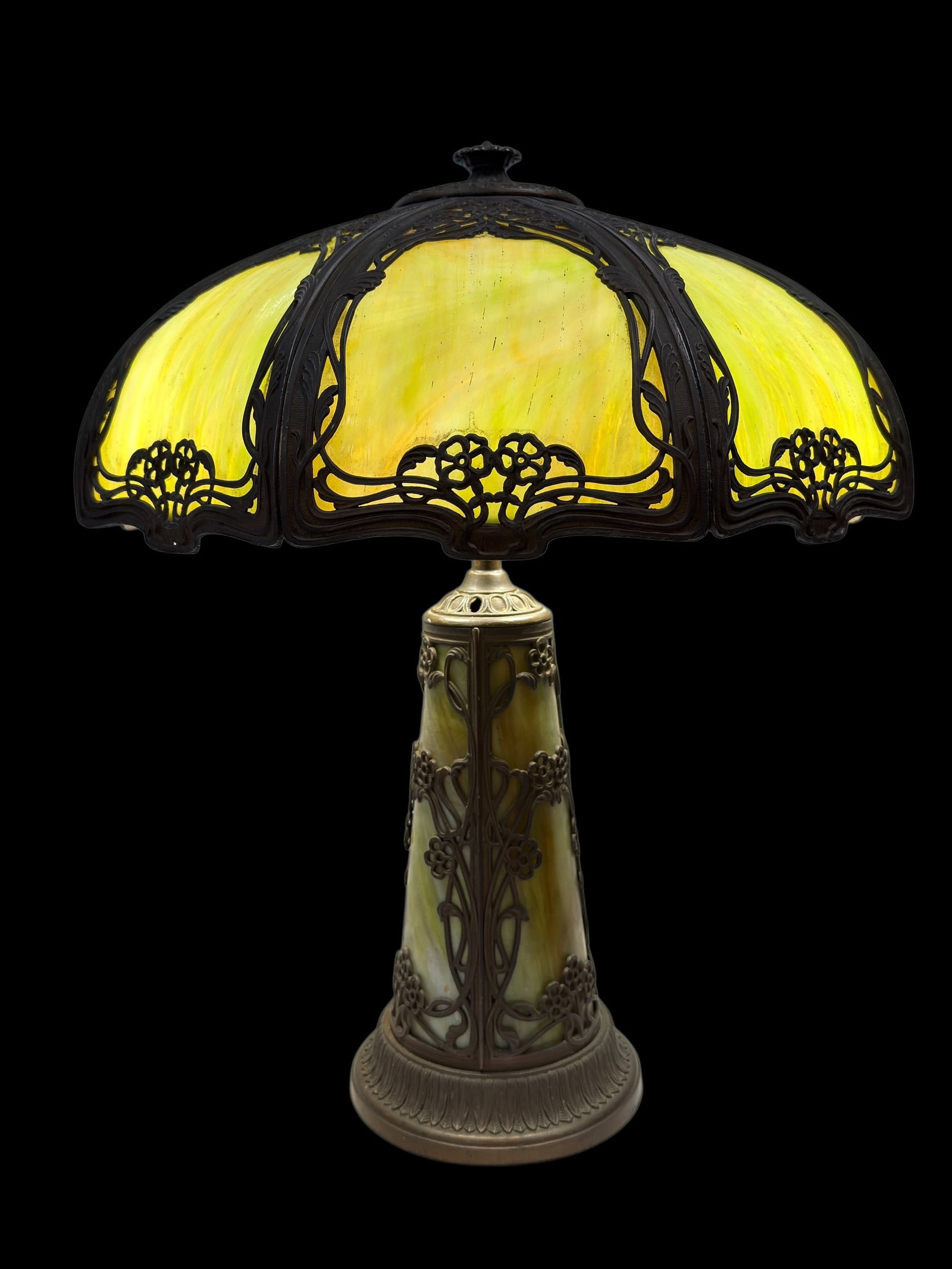 Early 20th C. Art Nouveau Green Slag Glass Panel Table Lamp (1 of 16)