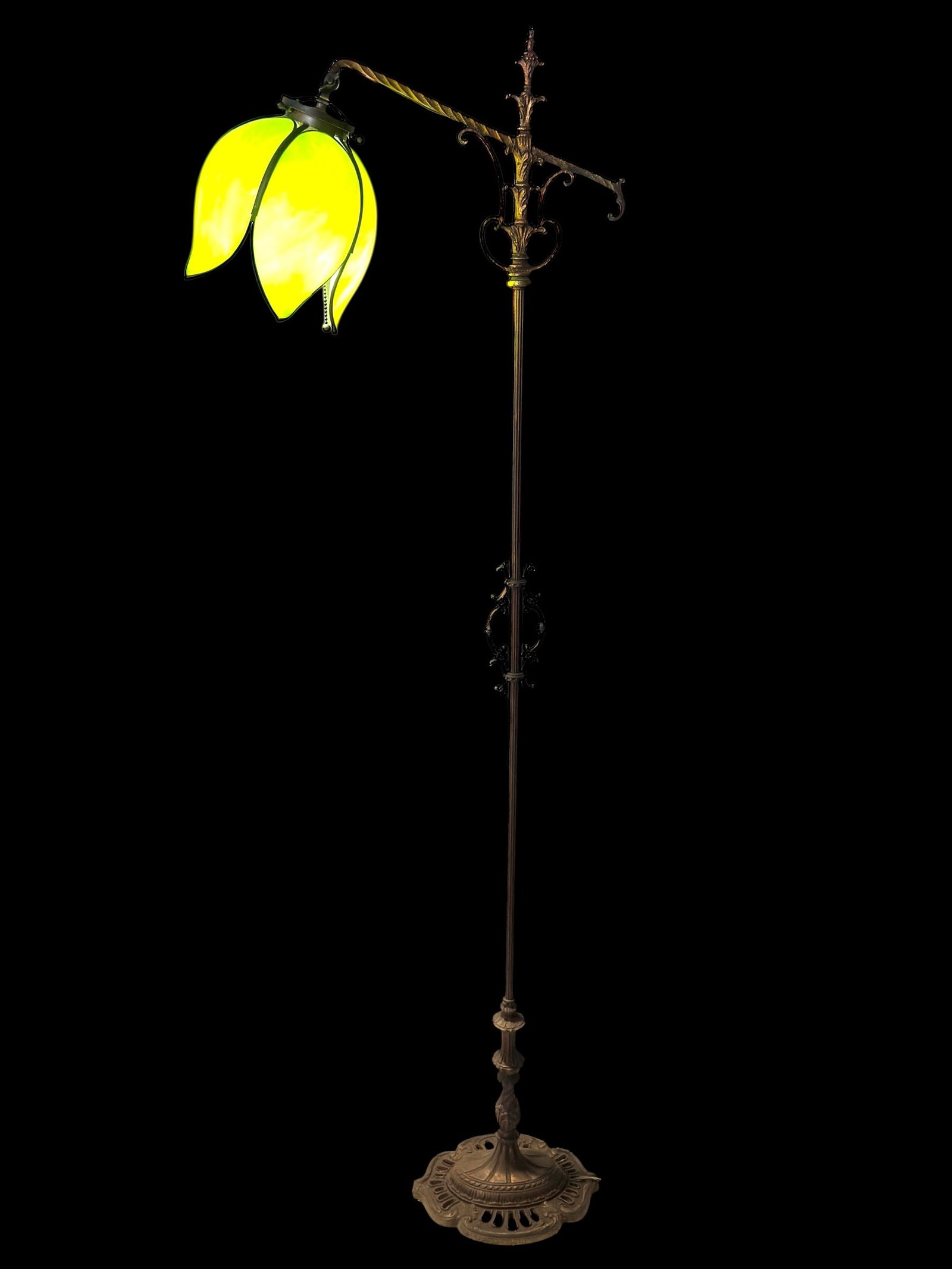 Early 20th C. Art Nouveau Green Slag Glass Lotus Floor Lamp: A striking early 20th century Art Nouveau floor lamp featuring an elegant lotus-form shade composed of beautifully curved green slag glass panels with soft variegated tones ranging from pale jade to v