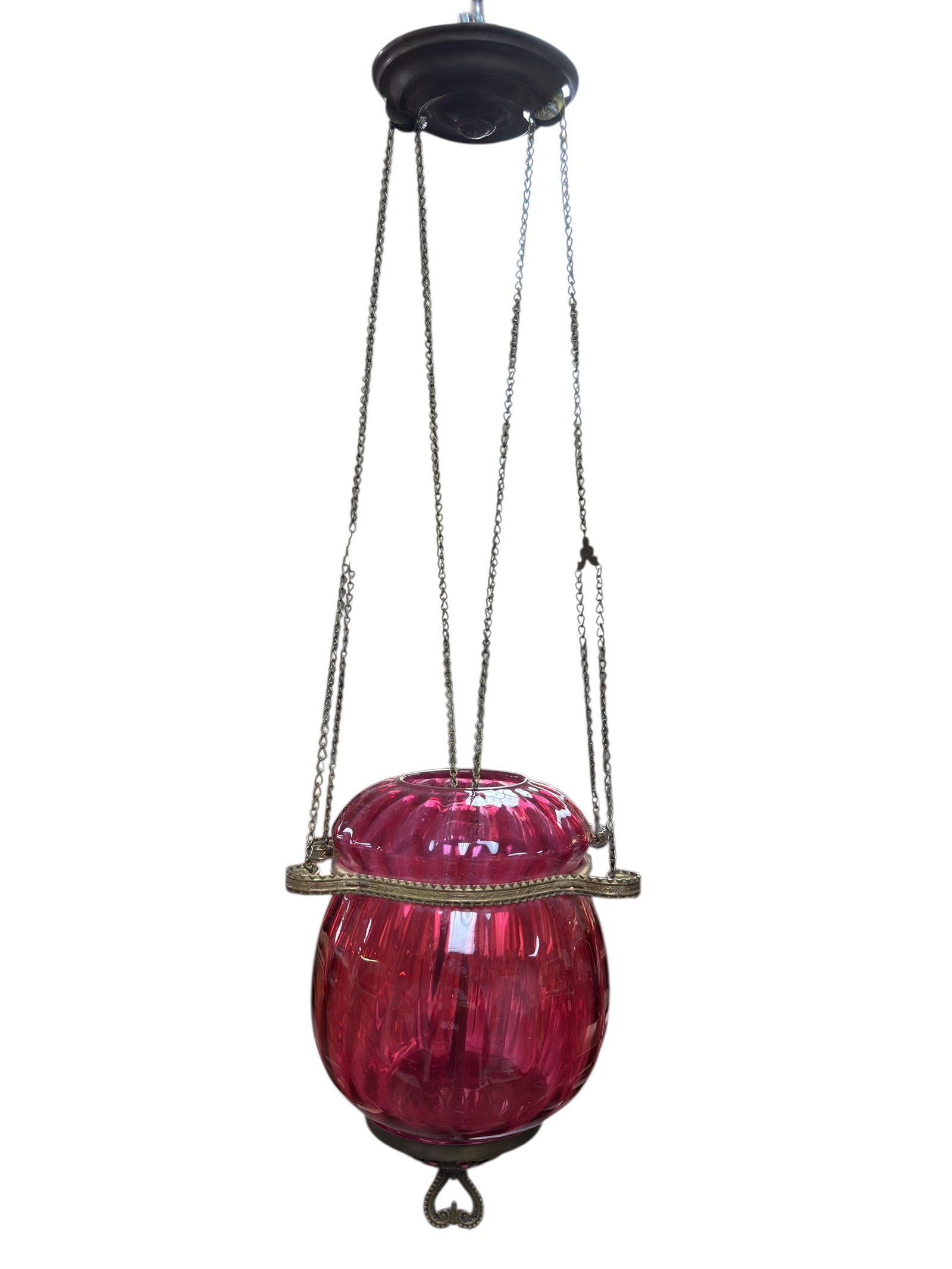 Late 19th C. Victorian Cranberry Glass Hanging Pull-Down Lamp (1 of 9)
