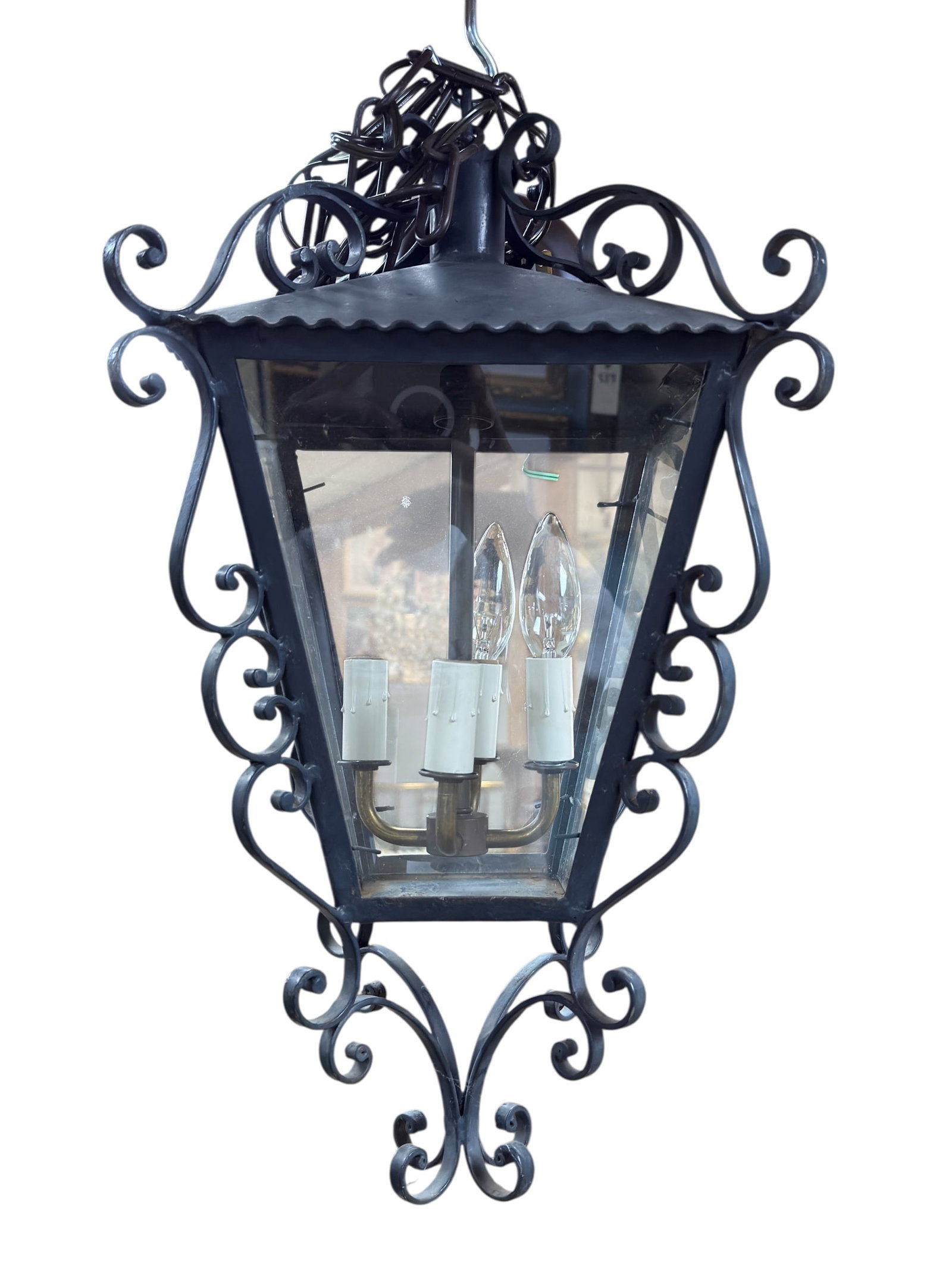 French Wrought Iron Hanging Lantern Light Fixture (1 of 4)