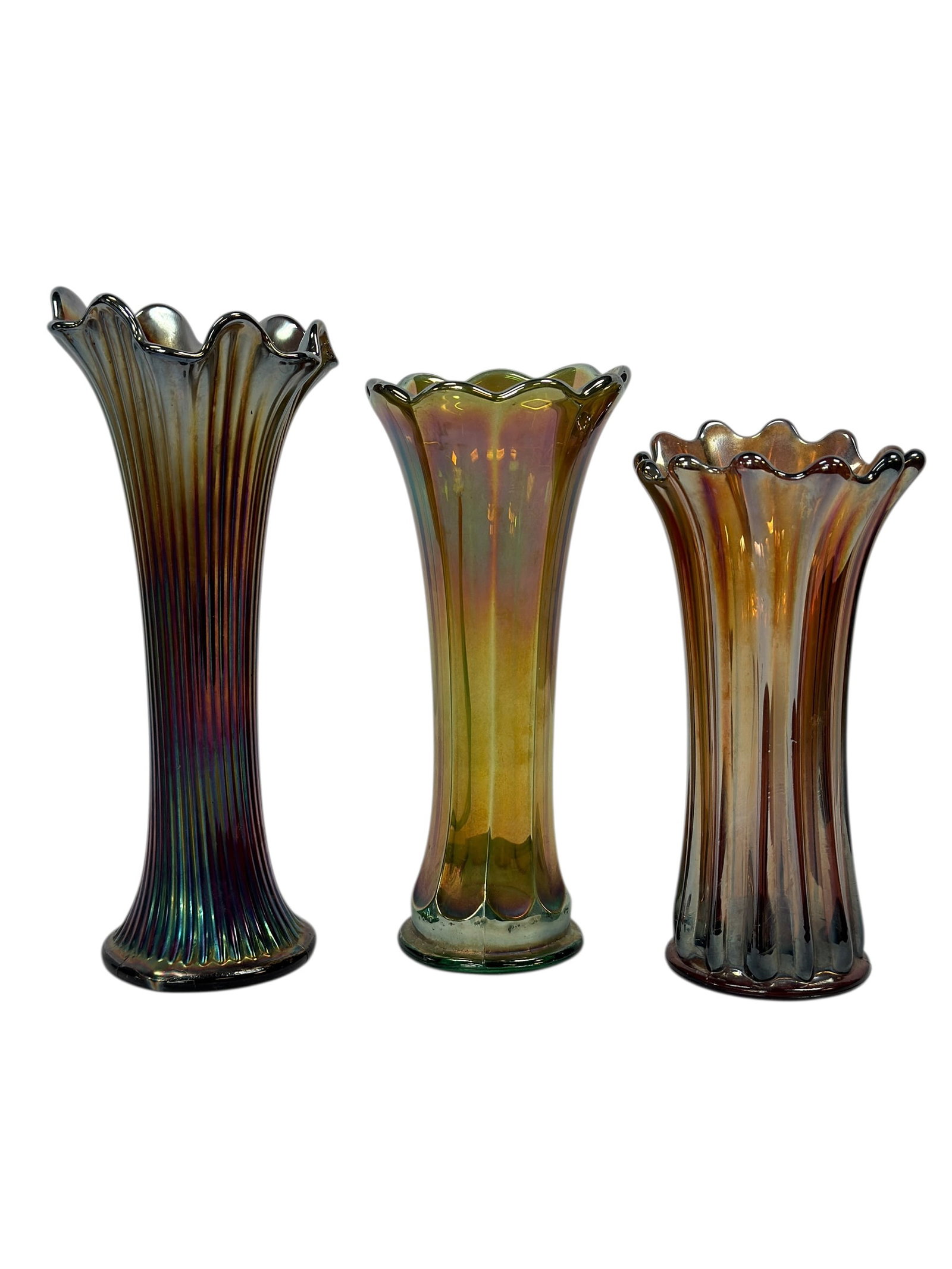 (3) Early 20th C. Northwood & Westmoreland Carnival Glass Swung Vases: A striking group of three early 20th century carnival glass swung vases attributed to Northwood and Westmoreland, each featuring elegant vertically ribbed bodies rising from circular bases into flared