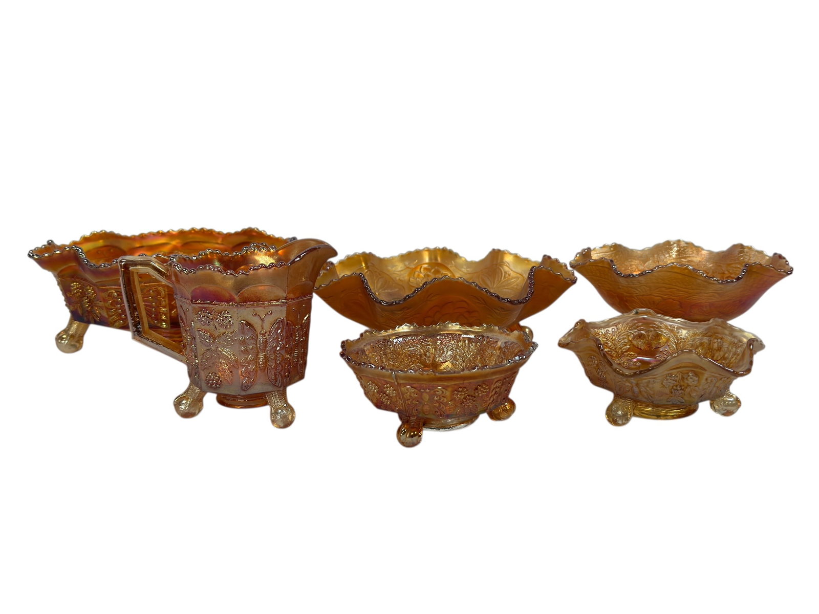 (6) Early 20th C. Marigold Carnival Glass Footed Bowls & Creamer (1 of 12)