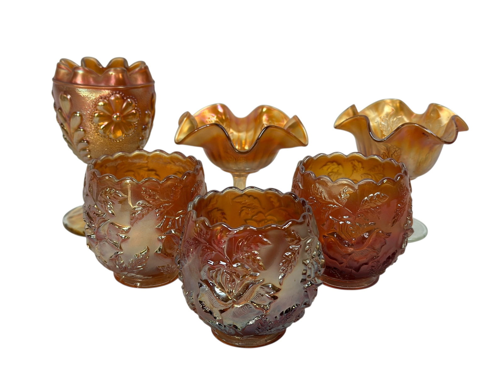 Early 20th C. Marigold Carnival Glass Rose Bowls & Compotes (1 of 9)