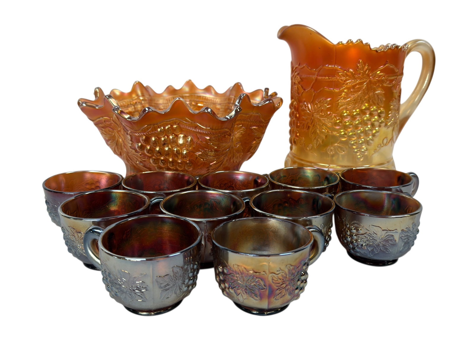 (13) Early 20th C. Marigold Carnival Glass “Grape and Cable?? Pieces (1 of 10)