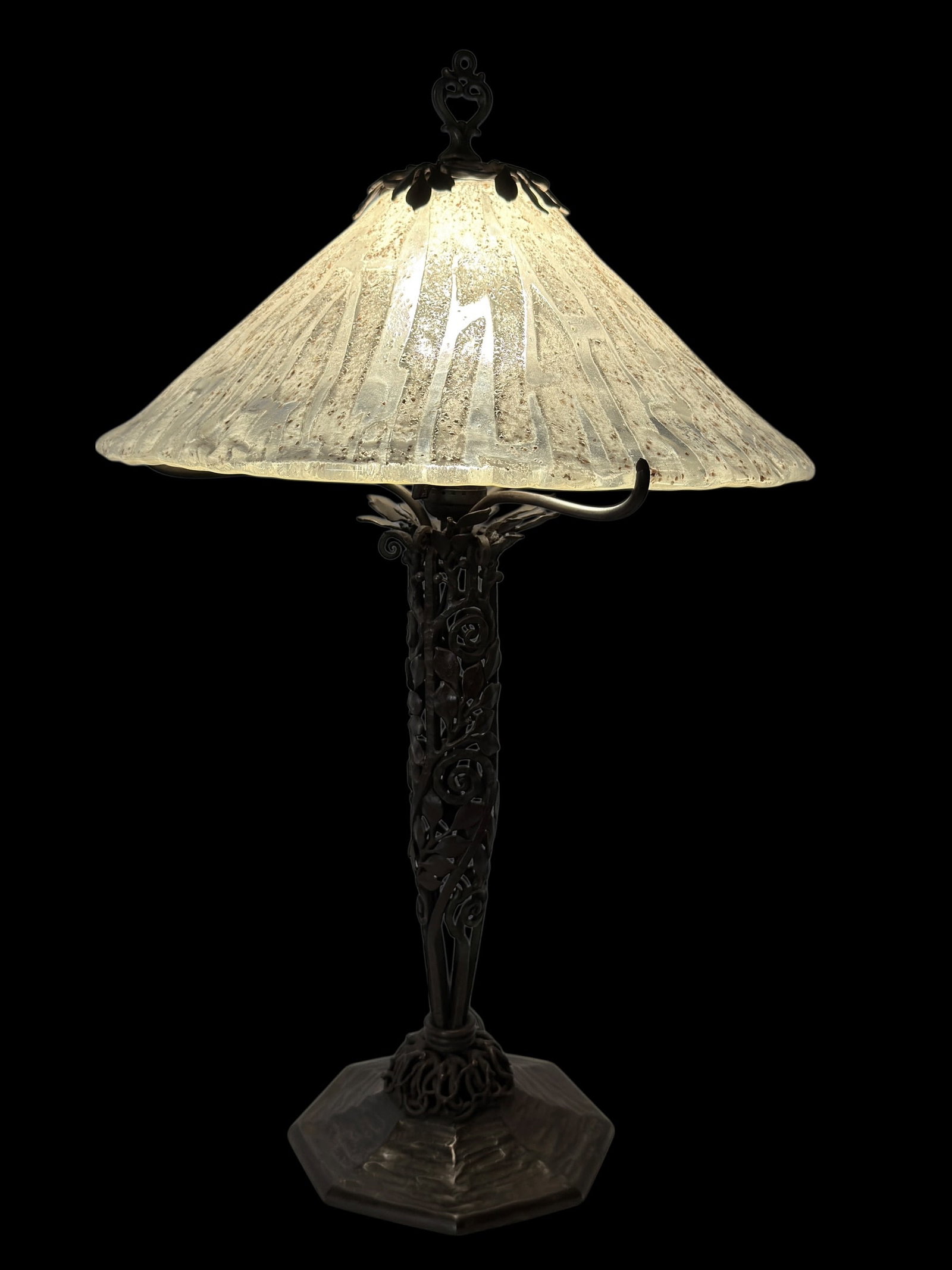 Rare Signed Louis Katona French Art Deco Wrought Iron & Mottled Glass Shade Lamp (1 of 17)