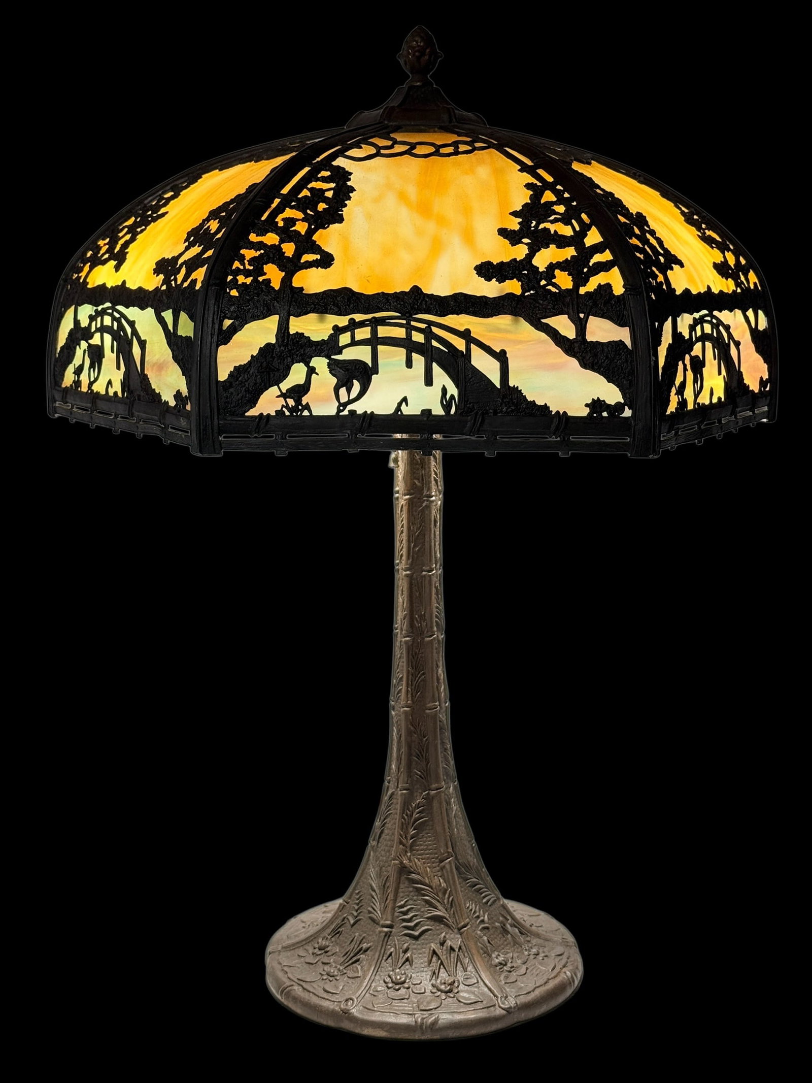 Early 20th C. American Slag Glass & Bronzed Metal Overlay Table Lamp (1 of 16)
