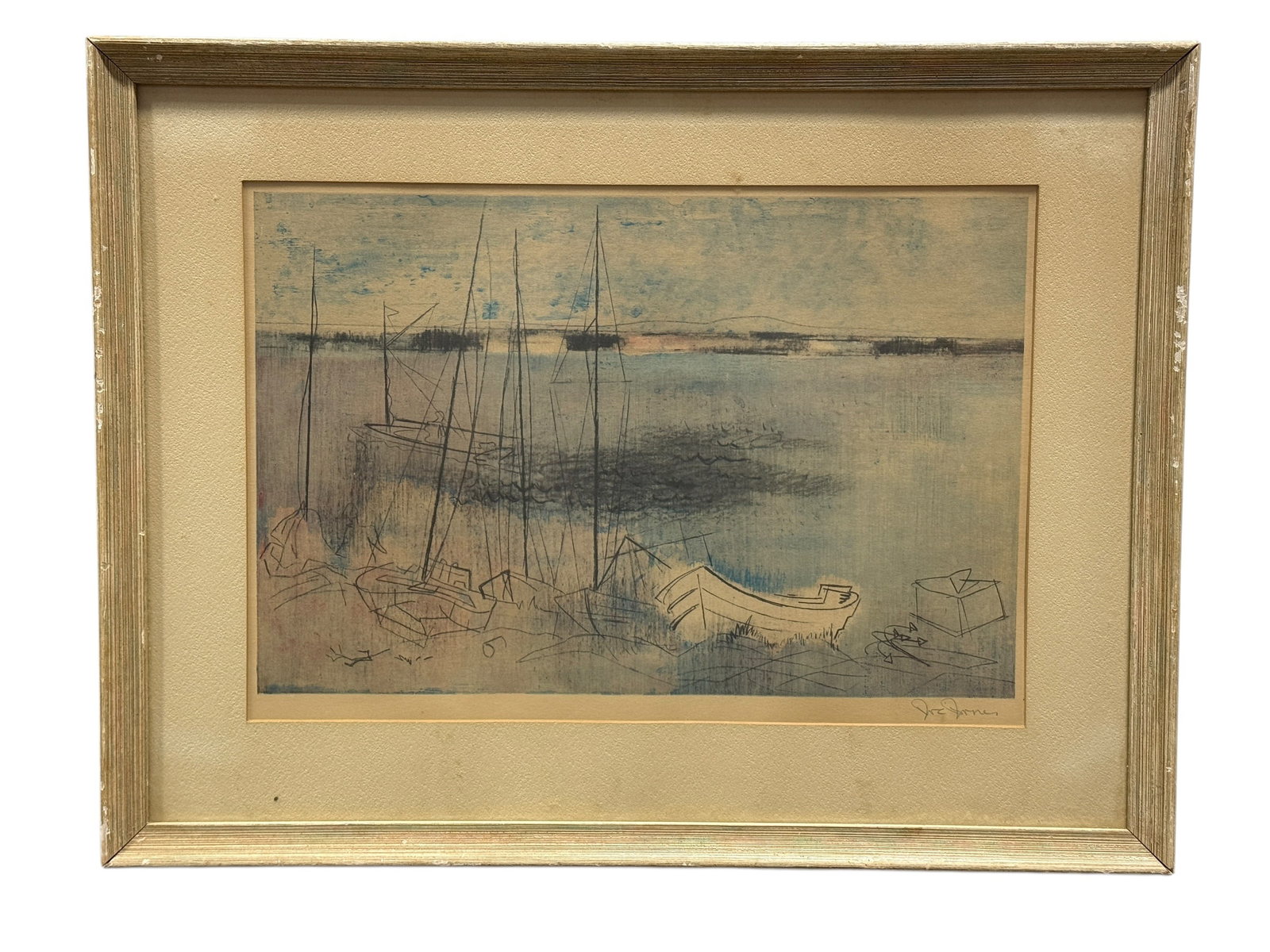 Signed Joe Jones "Boats in an Estuary" / "Quiet Cove" Print: A pencil-signed print by listed American artist Joe Jones, depicting a tranquil coastal estuary scene with loosely rendered sailboats at rest along the shoreline, executed in a soft, atmospheric palet
