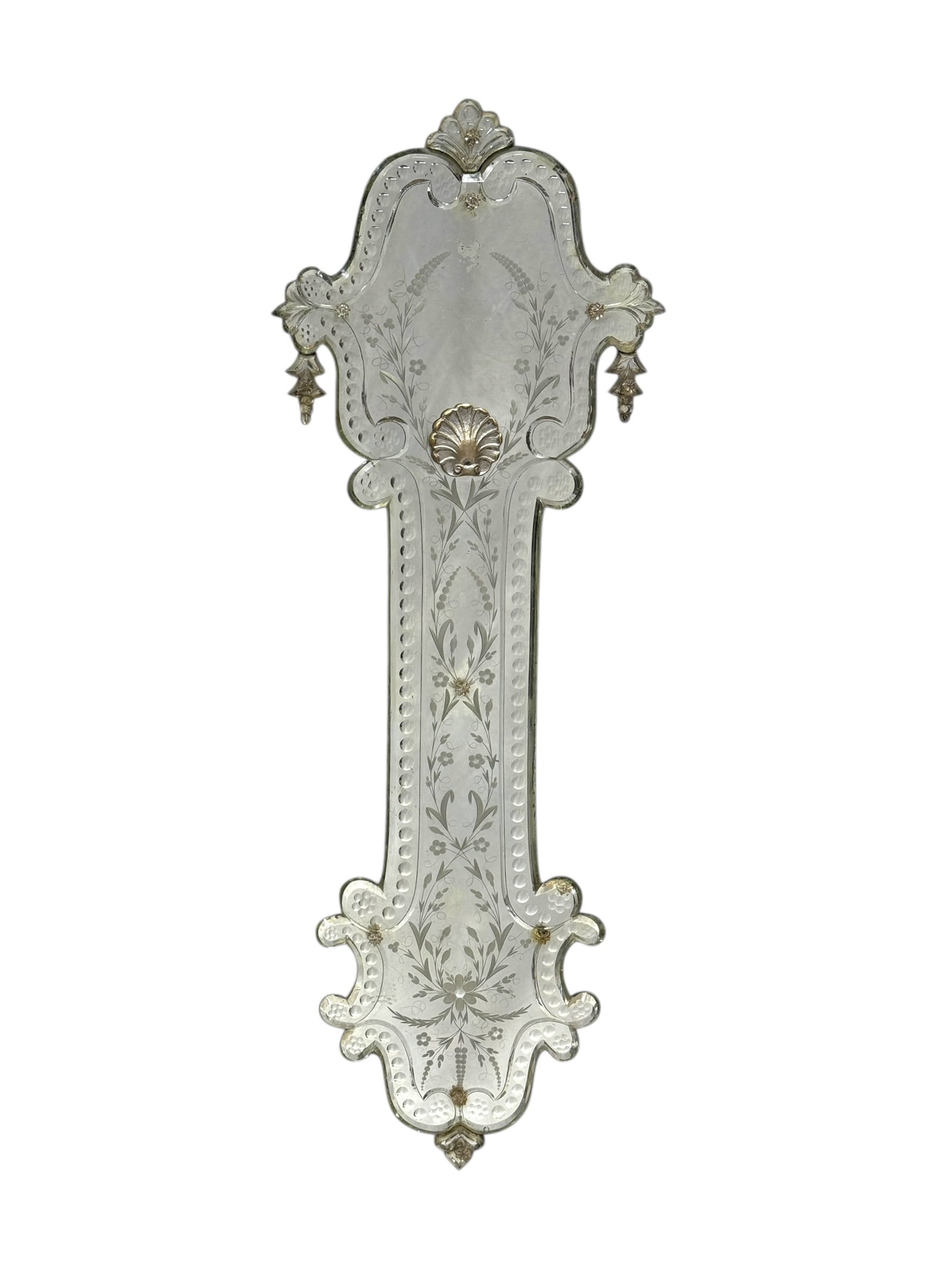 Late 19th C. Victorian Venetian Etched Glass Mirror w/ Applied Decorations: An elegant late 19th century Victorian Venetian mirror of elongated cartouche form, richly decorated with finely etched floral and foliate motifs throughout the central plate, framed by a shaped and h