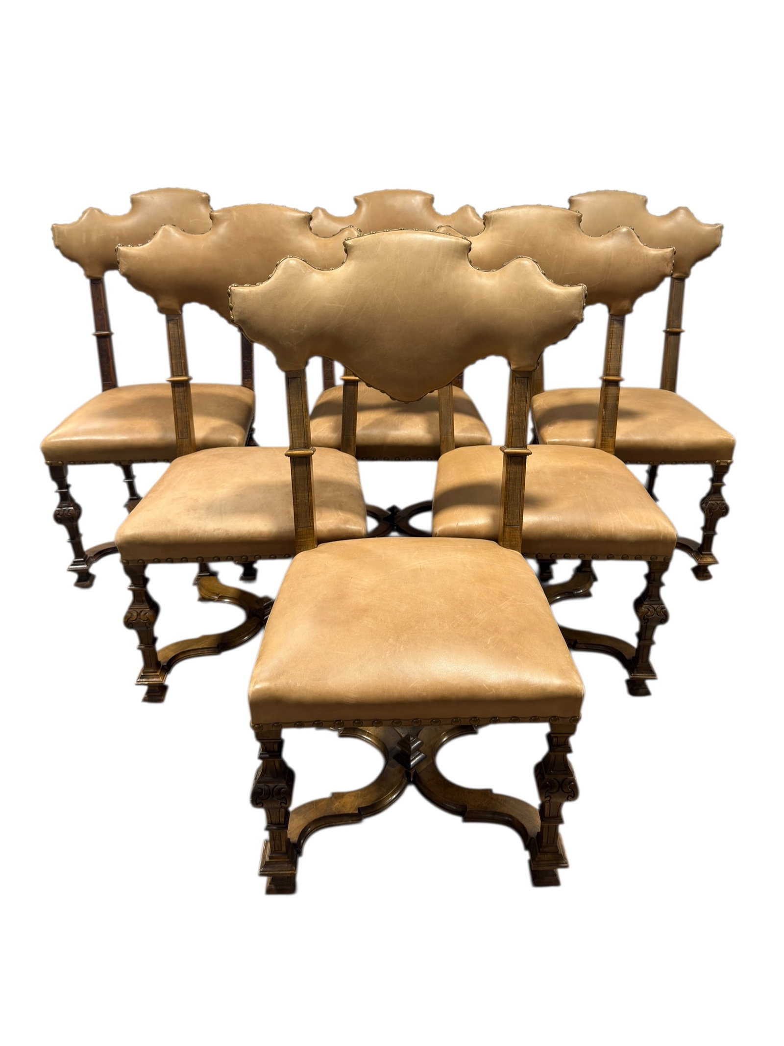 Set of 6 Italian Walnut & Studded Leather Shaped Back Dining Chairs (1 of 11)