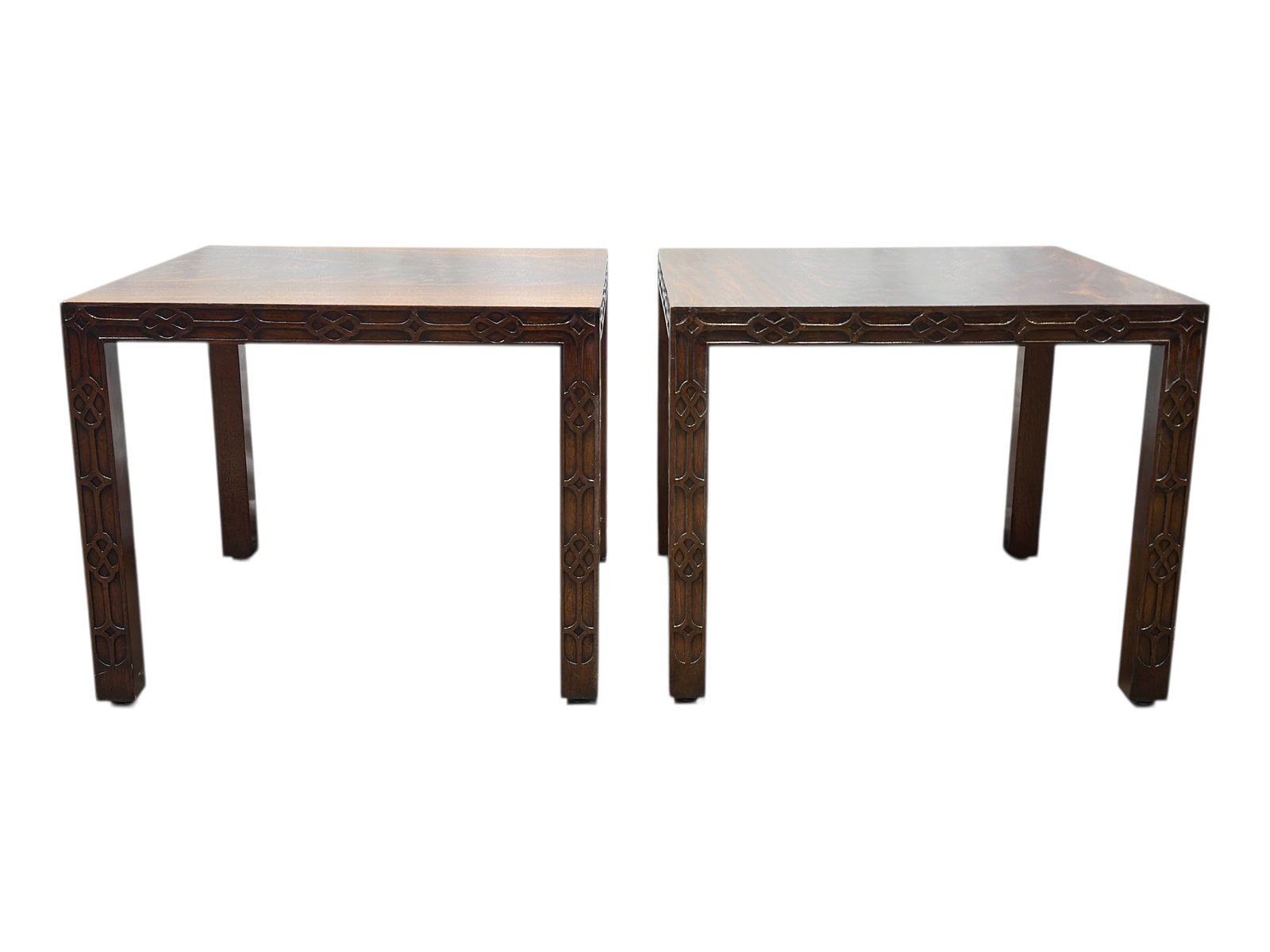 Vintage Chinese Chippendale Flame Mahogany End Tables (Pair) (1 of 7)