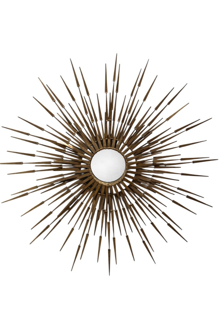 MCM Gilt Metal Sunburst Wall Mirror Sculpture: A striking mid century modern sunburst wall mirror featuring an elaborate radiating design composed of numerous tapered metal rays in a warm gilt finish surrounding a central circular mirror, the dyna