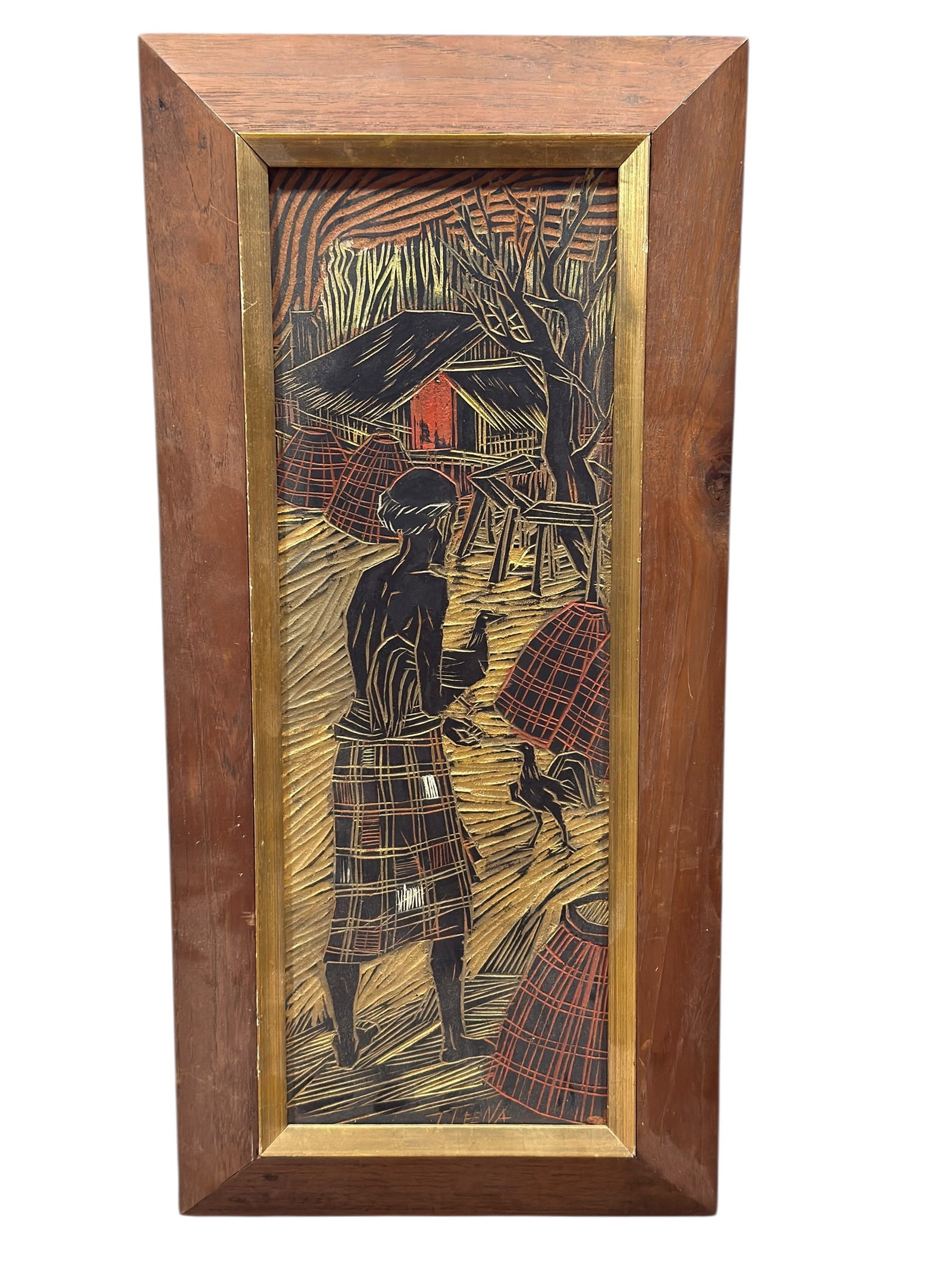 Signed T. Leena Mid-20th C. Thai Carved & Gilded Wood Panel Painting: A finely executed mid-20th century Thai carved and painted wood panel signed “T. Leena” at the lower edge and further identified verso as Thanee Leenachonanggoor, Bangkok, Thailand, the compos