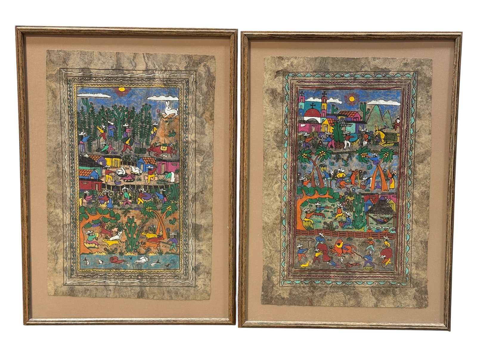(Pair) Mexican Amate Bark Folk Art Village Scenes, Framed (1 of 8)
