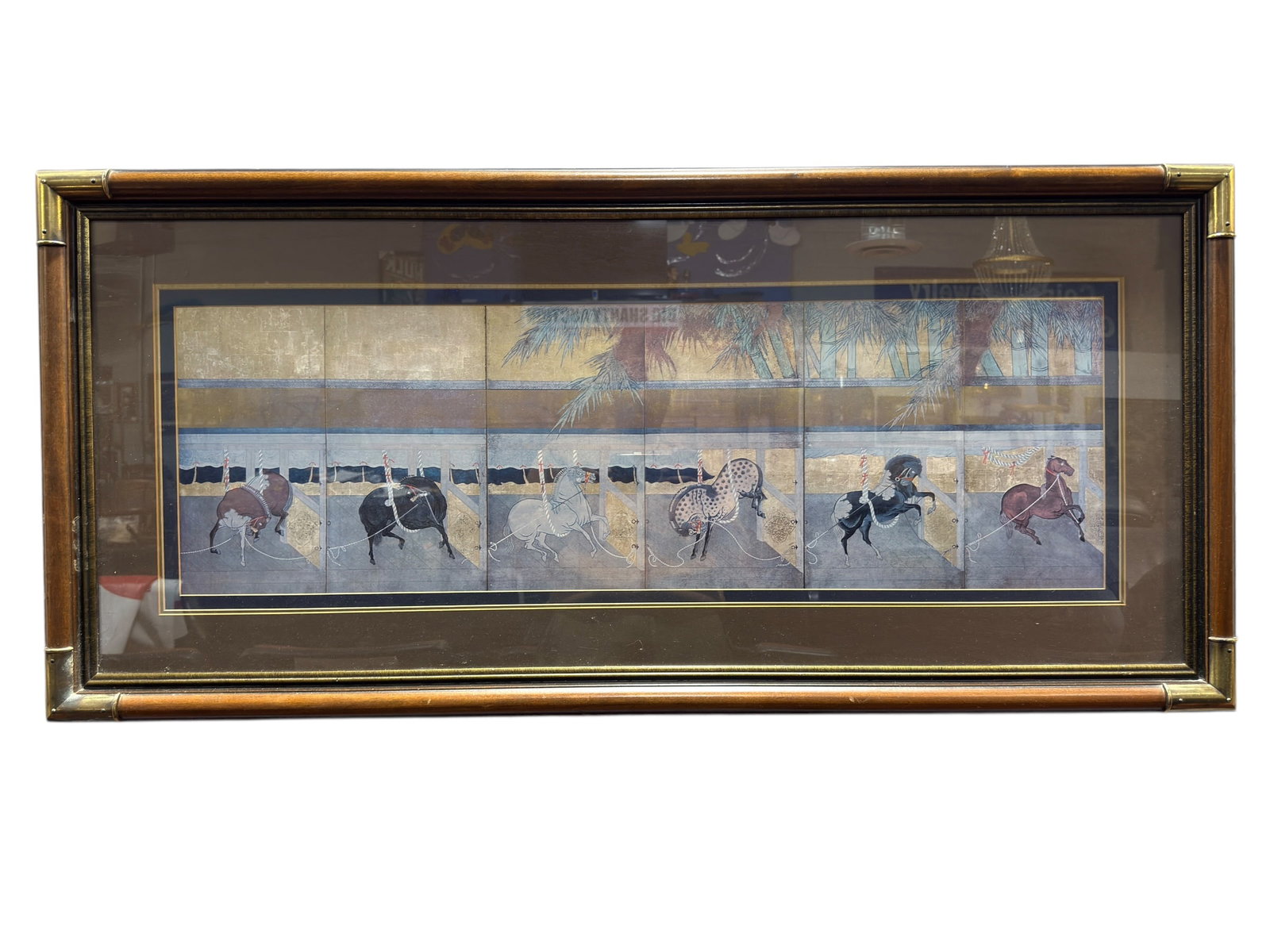 Japanese Style 6 Horse Screen Composition Framed Print: Decorative framed print depicting a stylized six-horse composition inspired by traditional Japanese screen paintings (by?bu), the scene rendered across segmented panels with tethered horses in varied
