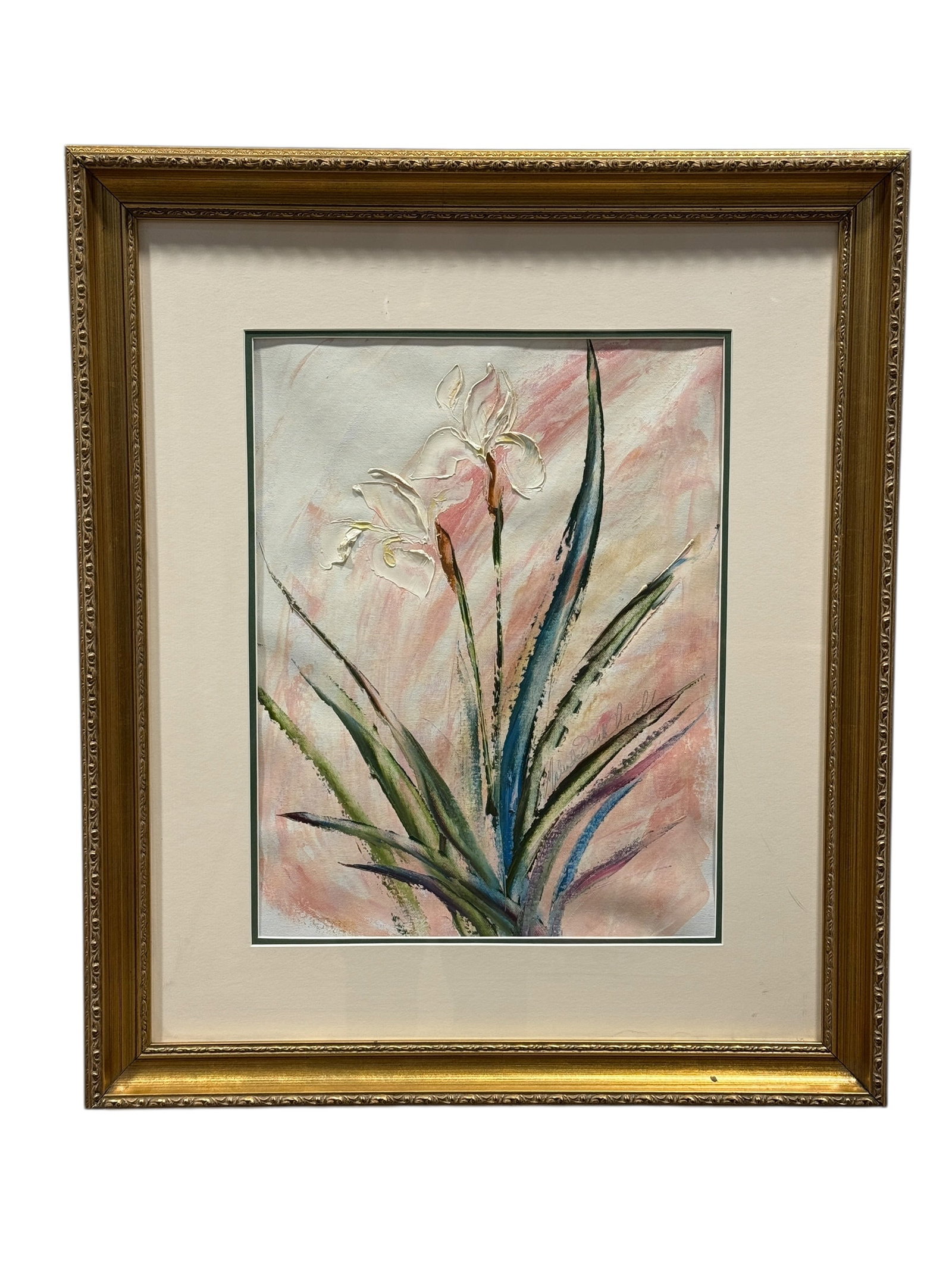 Mid–Late 20th C. Signed Floral Study Oil Painting: A decorative floral oil painting study signed in the lower right (signature appears to read Marie Paul… or similar), depicting tall, spiked leaves and two blooming white flowers against an expressiv