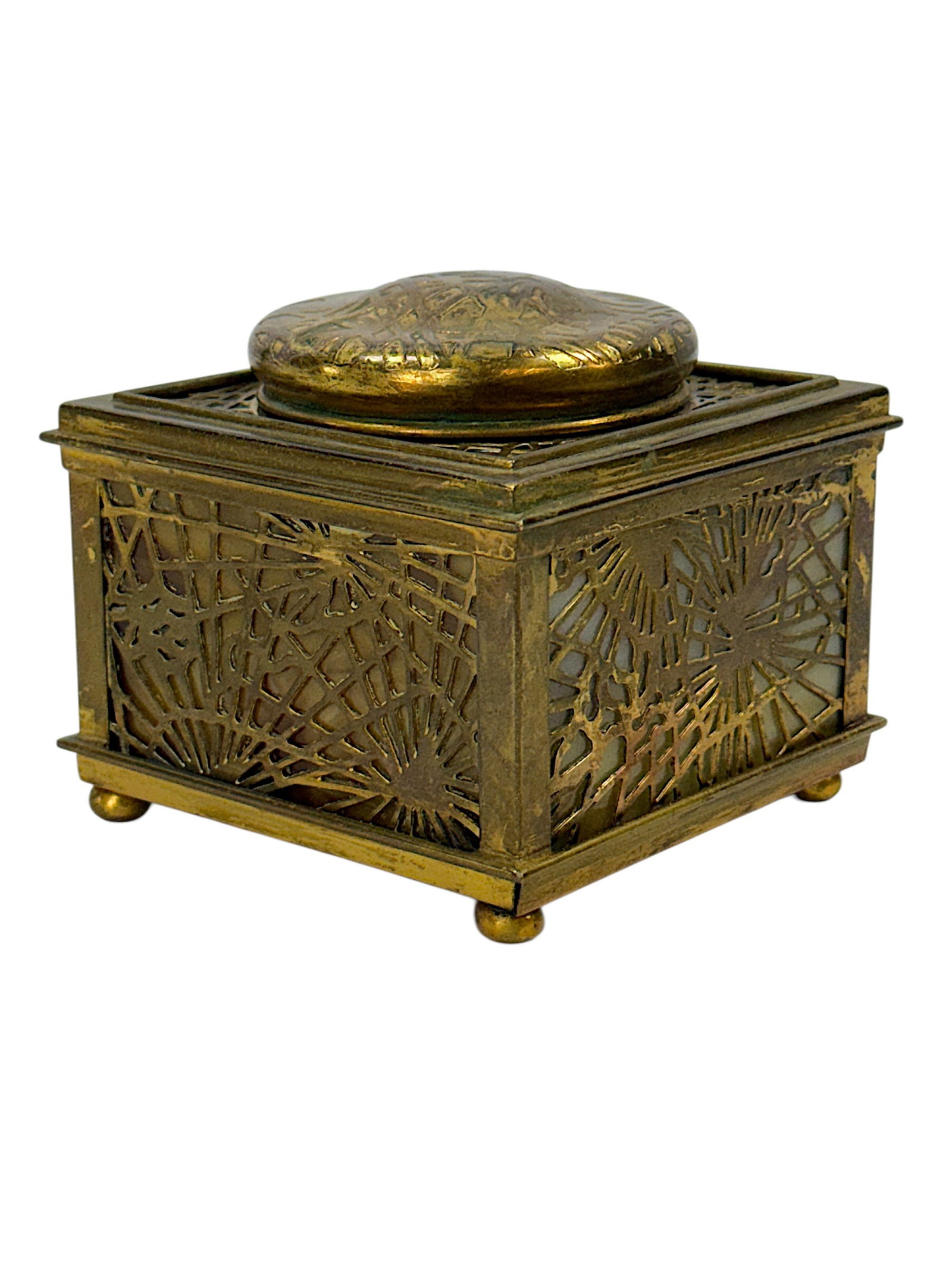 Tiffany Studios New York "Pine Needle" Pattern Bronze & Slag Glass Inkwell (1 of 8)
