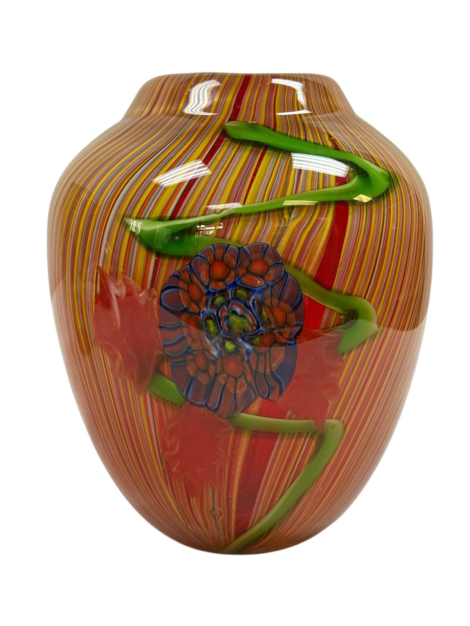 20th Century Italian Murano Millefiori Orange Striped Art Glass Vase: Striking mid to late 20th century Italian Murano art glass vase of rounded form, richly decorated with tightly pulled vertical millefiori-style striping in vibrant tones of orange, yellow, red, and wh